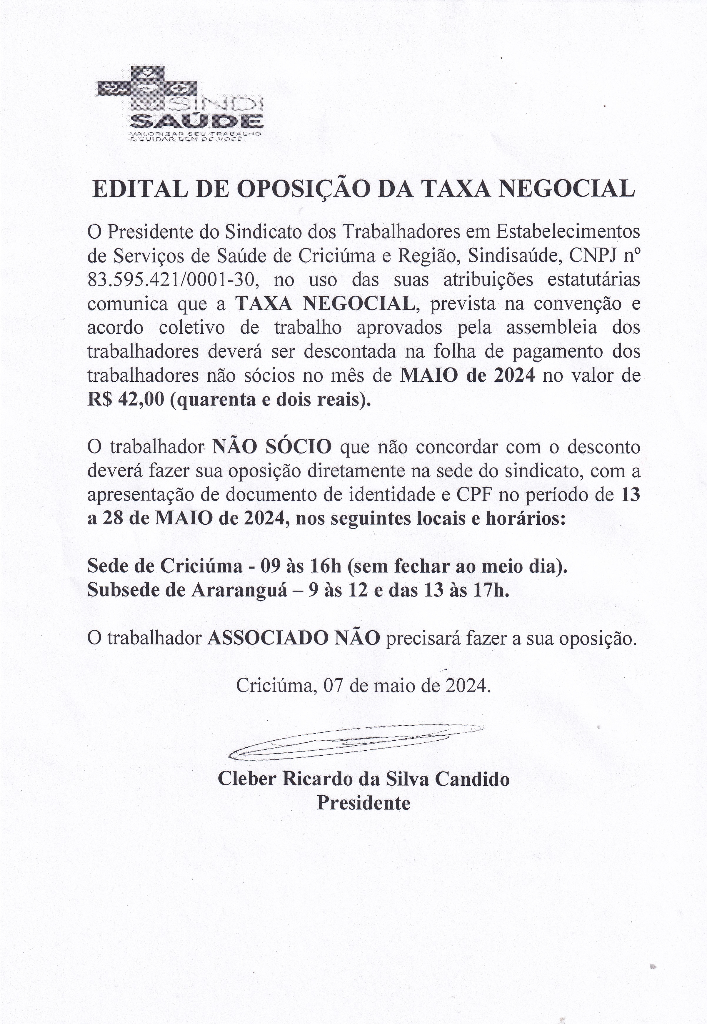 EDITAL DE OPOSIÇÃO TAXA NEGOCIAL MAIO DE 2023 - HOSPITAIS, CLÍNICAS E CONSULTÓRIOS EM GERAL