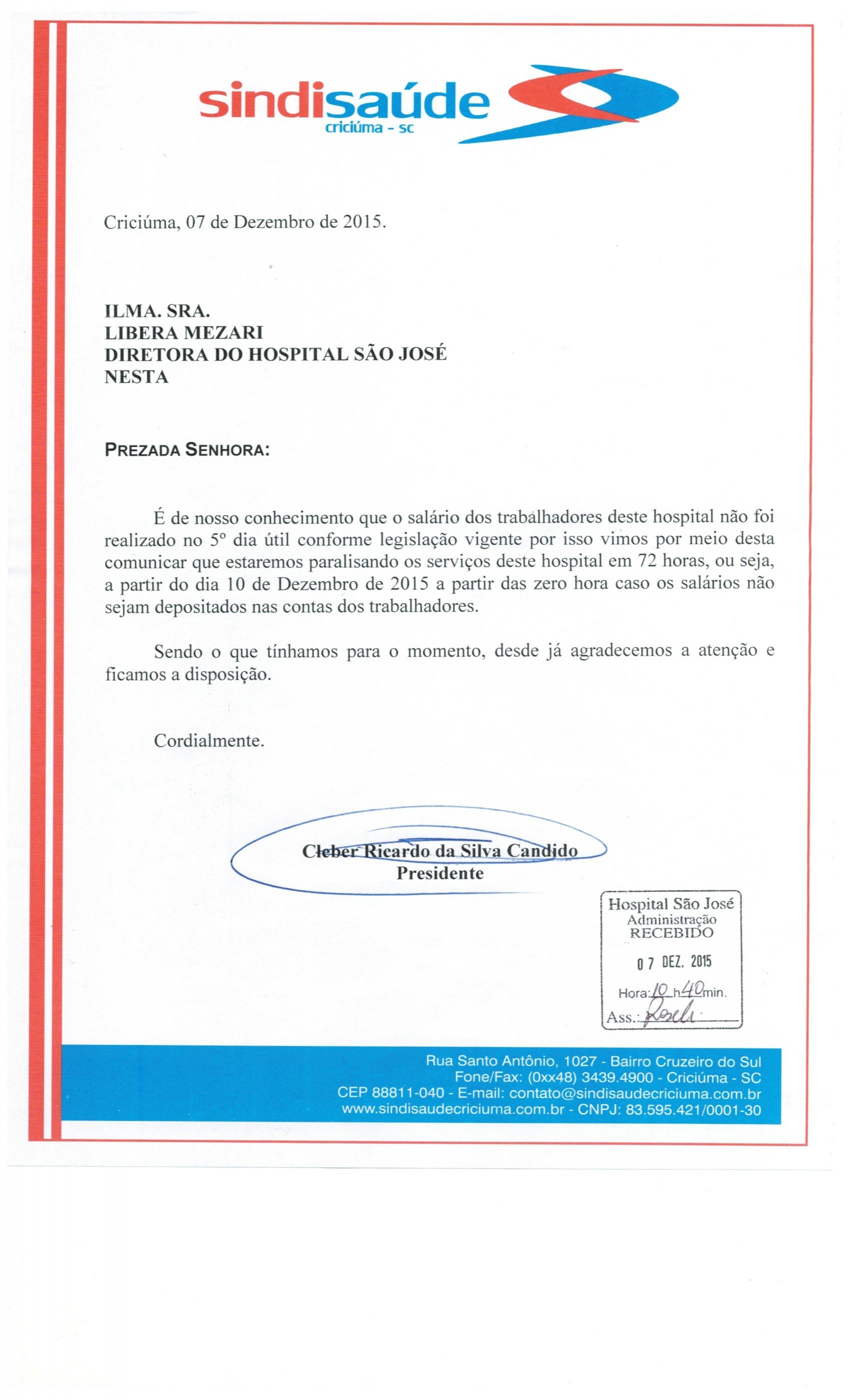 Ofício encaminhado do Hospital São José sobre o atraso de pagamento do salário dos trabalhadores