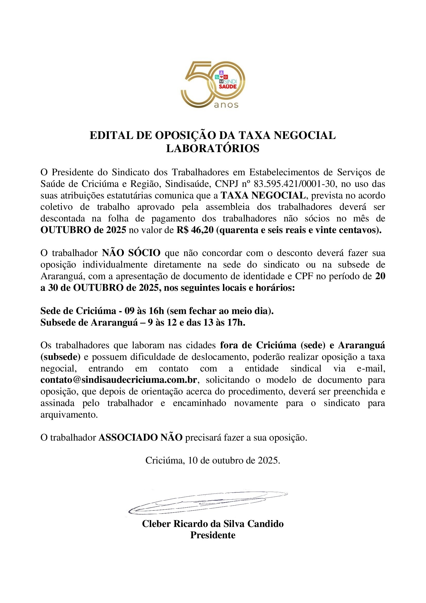 EDITAL DE OPOSIÇÃO DA TAXA NEGOCIAL LABORATÓRIOS