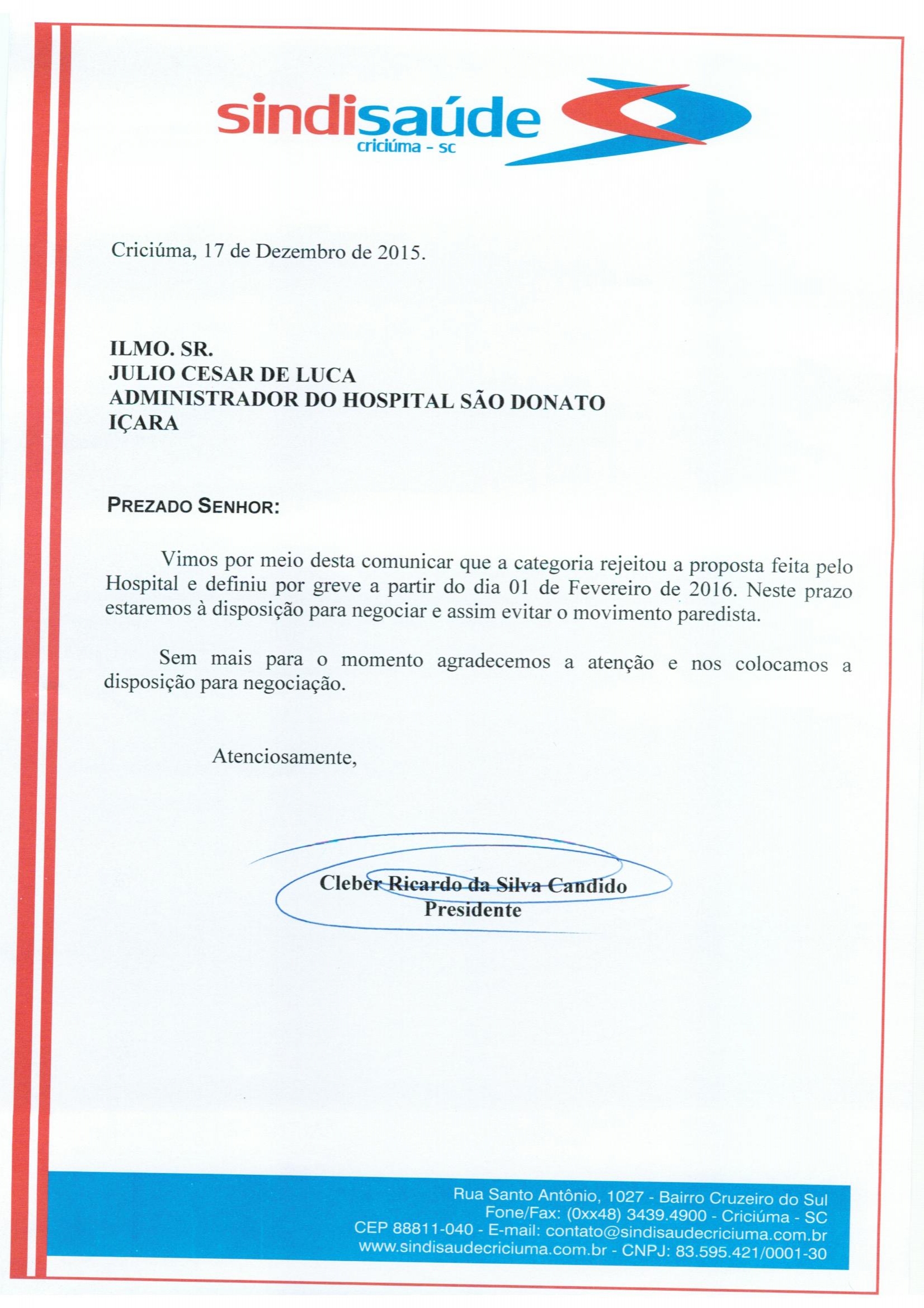 Ofício comunicação de greve a partir de 01/02/2016 encaminhado ao Hospital São Donato de Içara