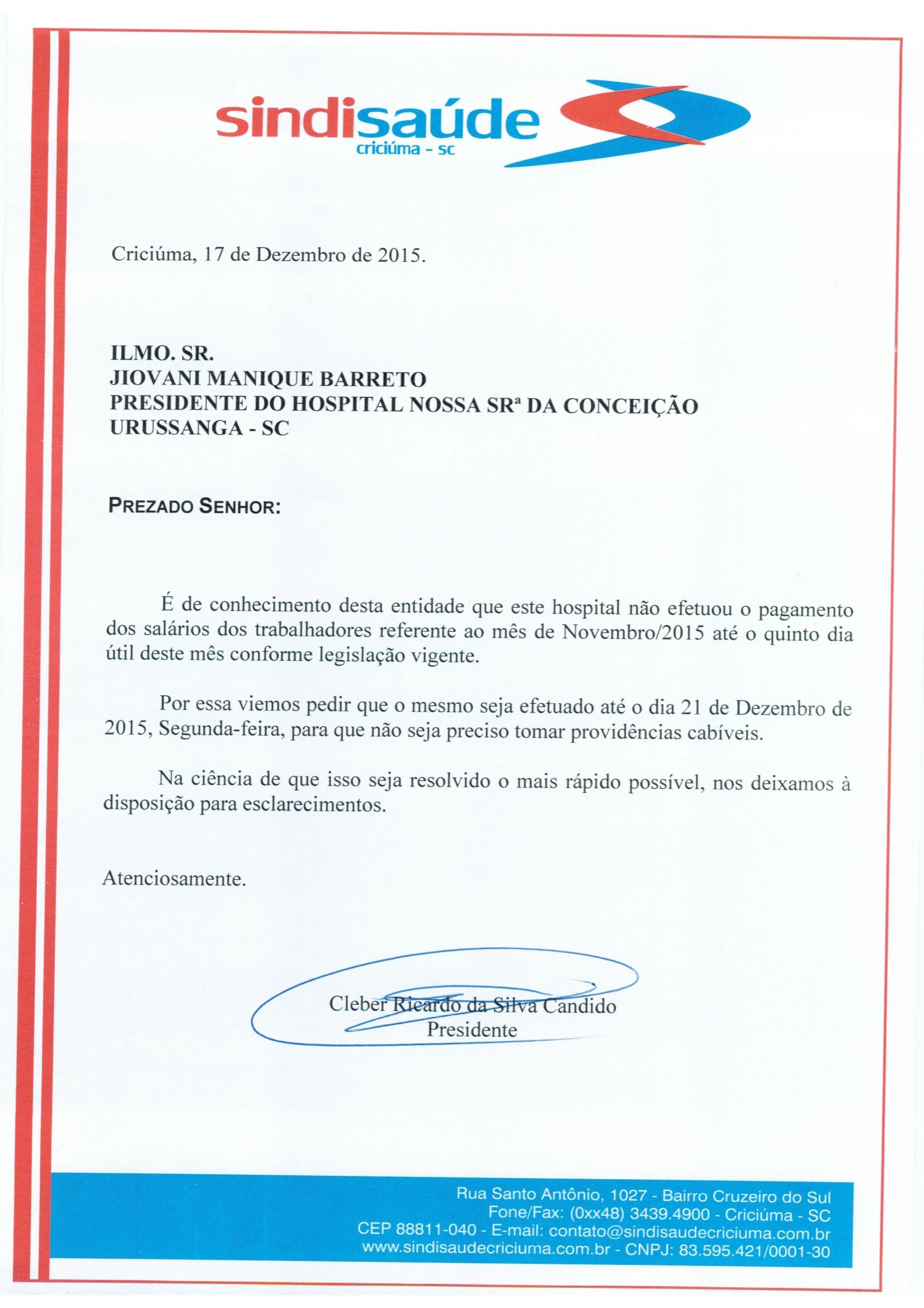 Ofício atraso pagamento salário trabalhadores do Hospital de Urussanga