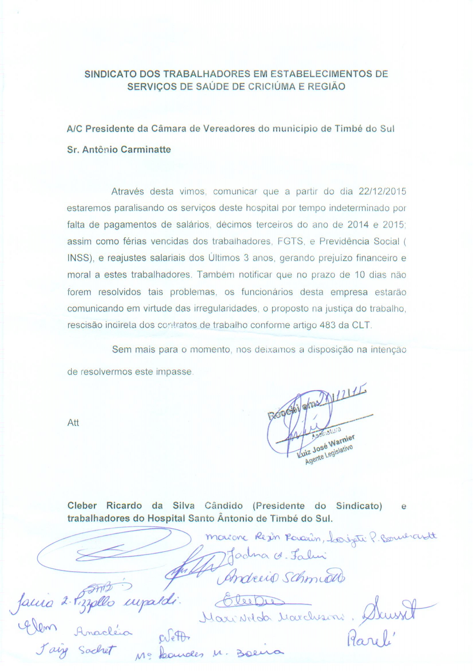 Ofícios encaminhado sobre a greve no Hospital Santo Antonio de Timbé do Sul