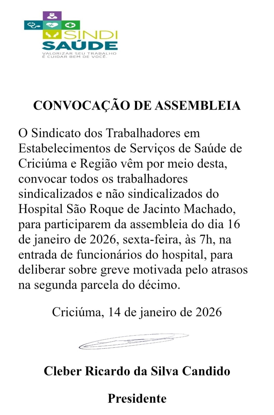 CONVOCAÇÃO DE ASSEMBLEIA - Hospital São Roque Jacinto Machado