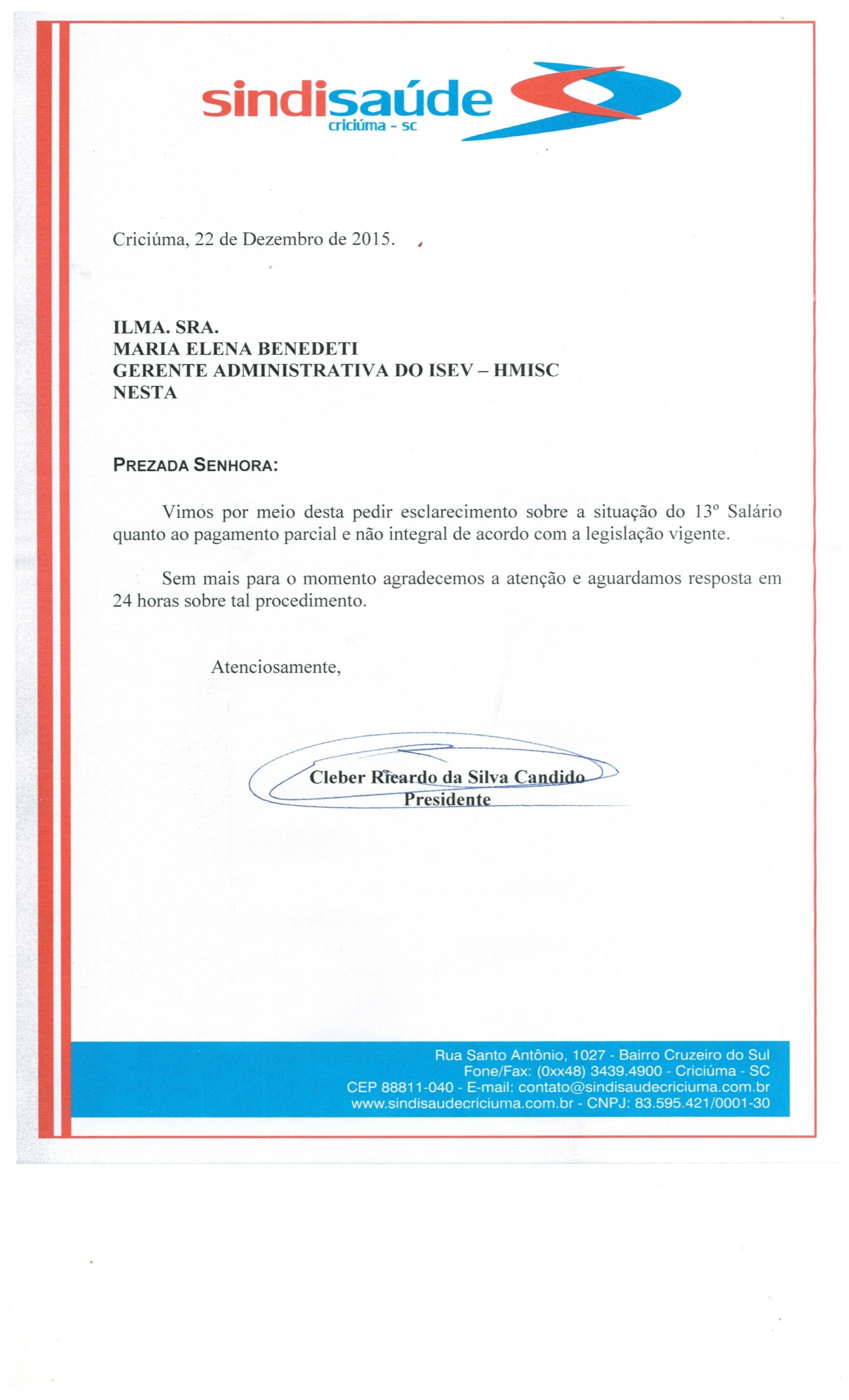 Ofício encaminhado ao ISEV - HMISC sobre o pagamento da 2ª parcela do 13º Salário.