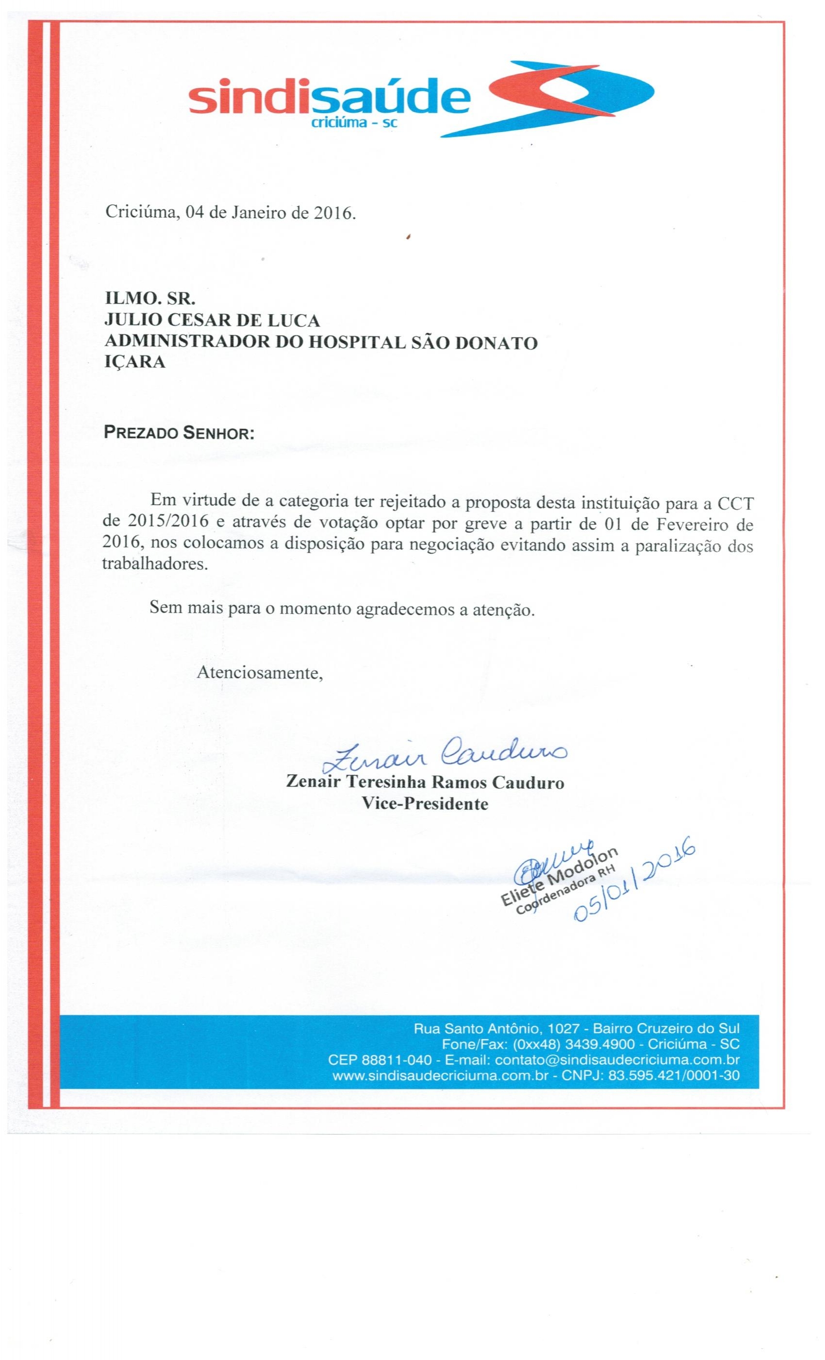 OFICIO SOBRE GREVE ENCAMINHADO AO HOSPITAL SÃO DONATO DE IÇARA
