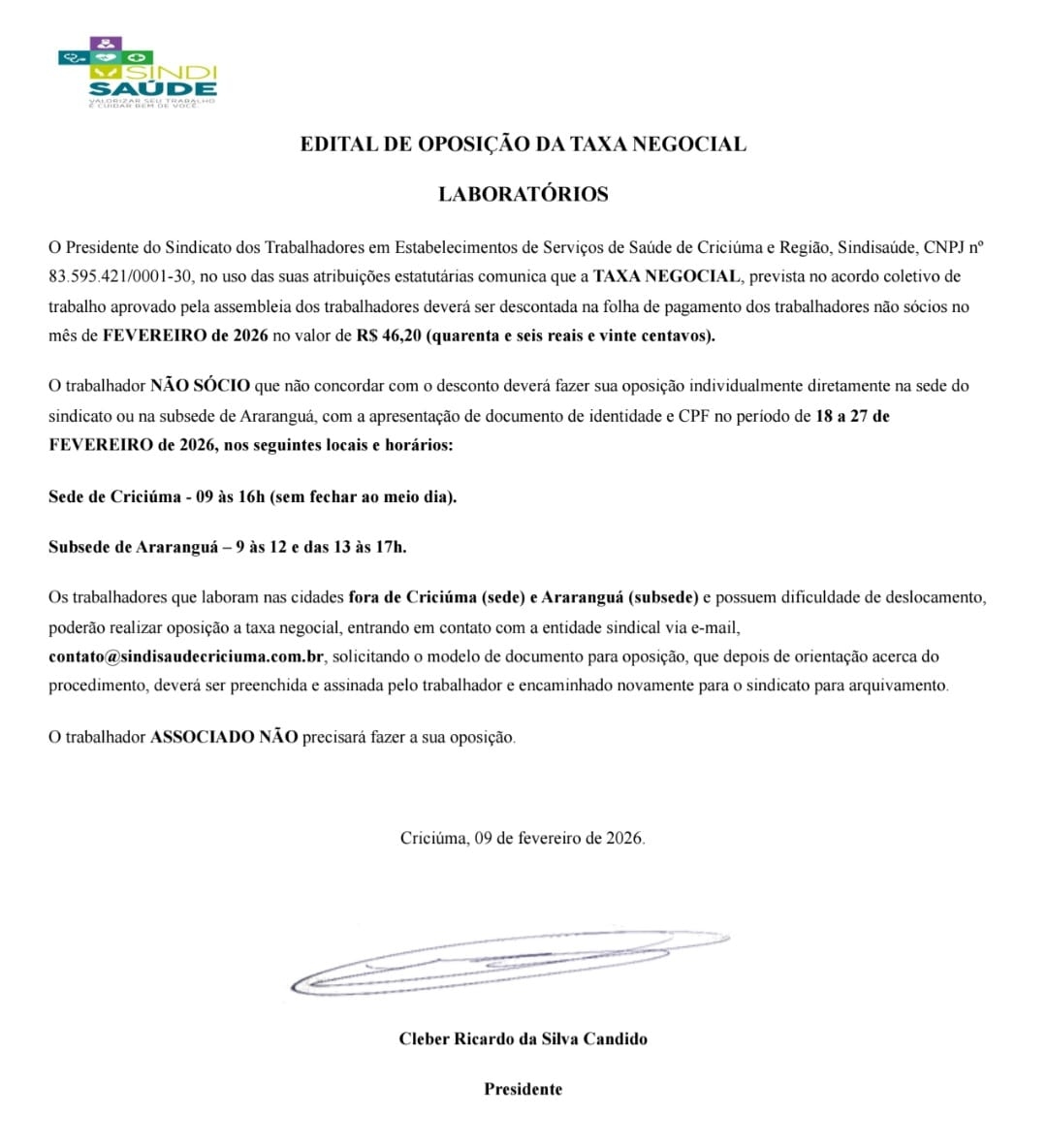 EDITAL DE OPOSIÇÃO DA TAXA NEGOCIAL LABORATÓRIOS