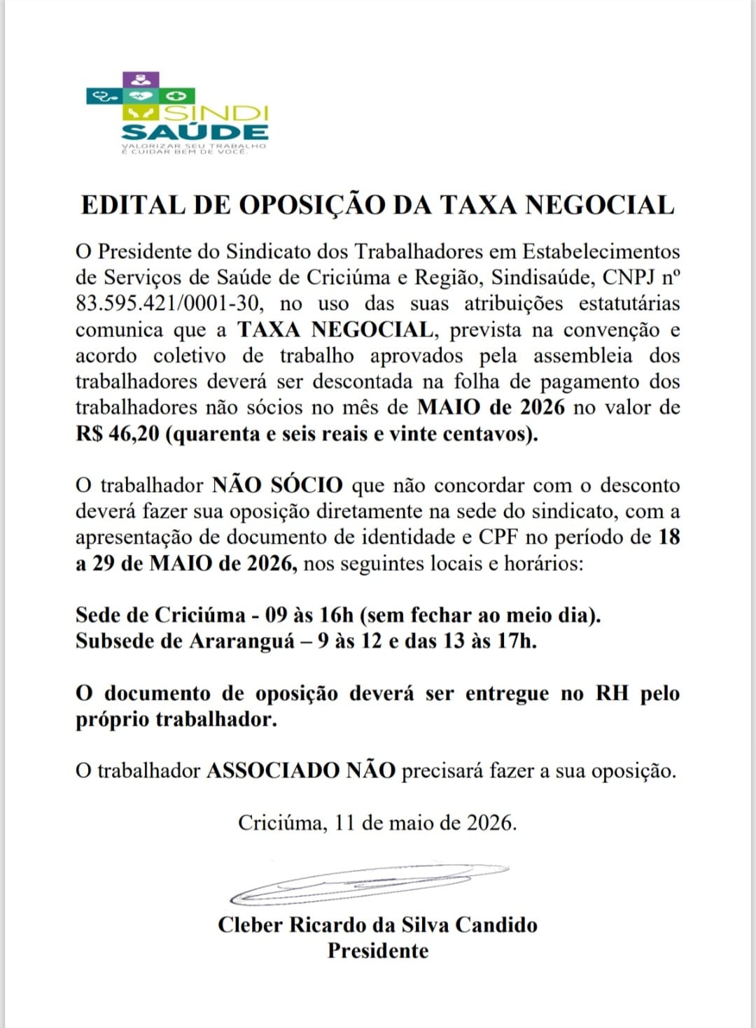 EDITAL DE OPOSIÇÃO DA TAXA NEGOCIAL