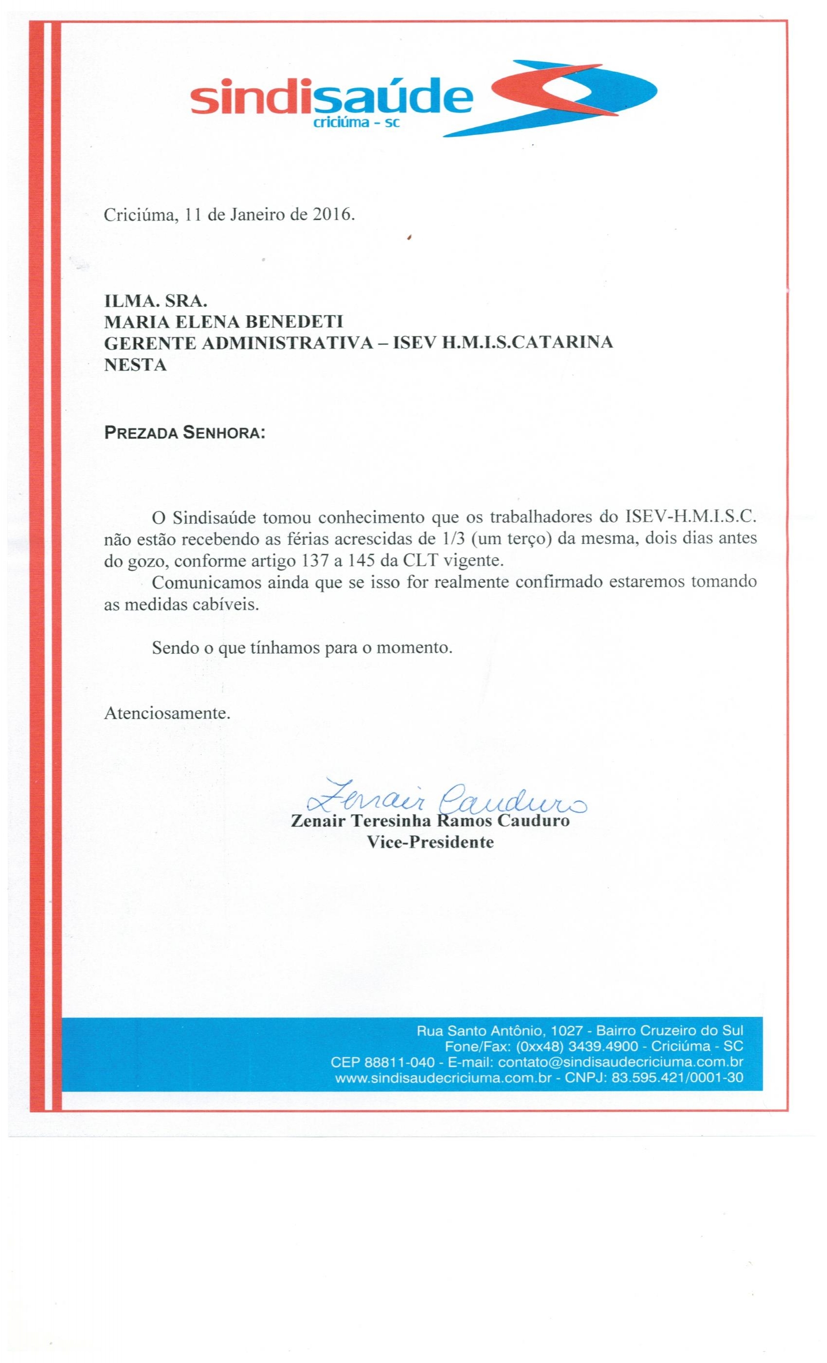 Ofício encaminhado ao ISEV - HMISC sobre o atraso no pagamento das férias