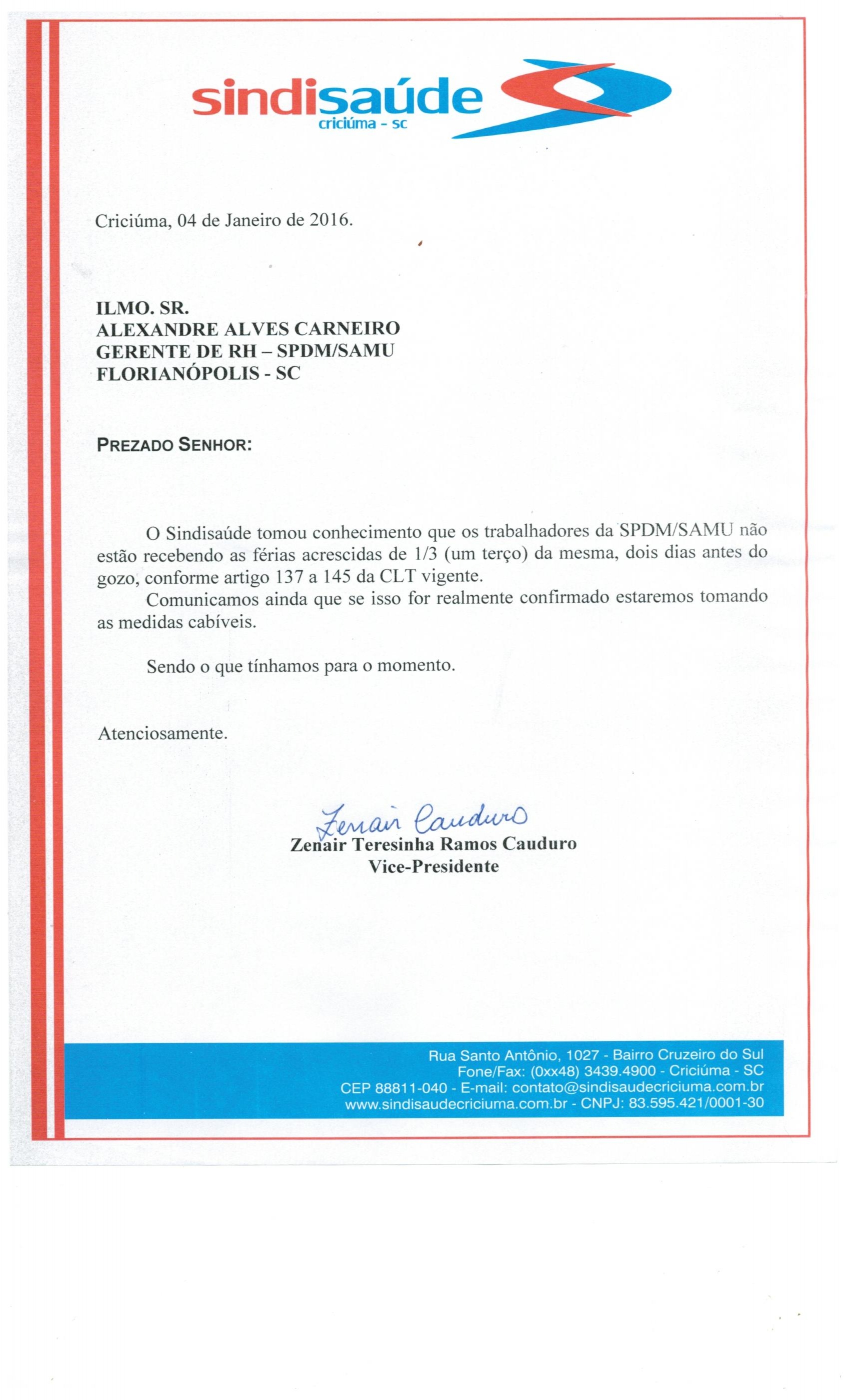 Ofício encaminhado a SPDM - SAMU sobre o atraso no pagamento das férias