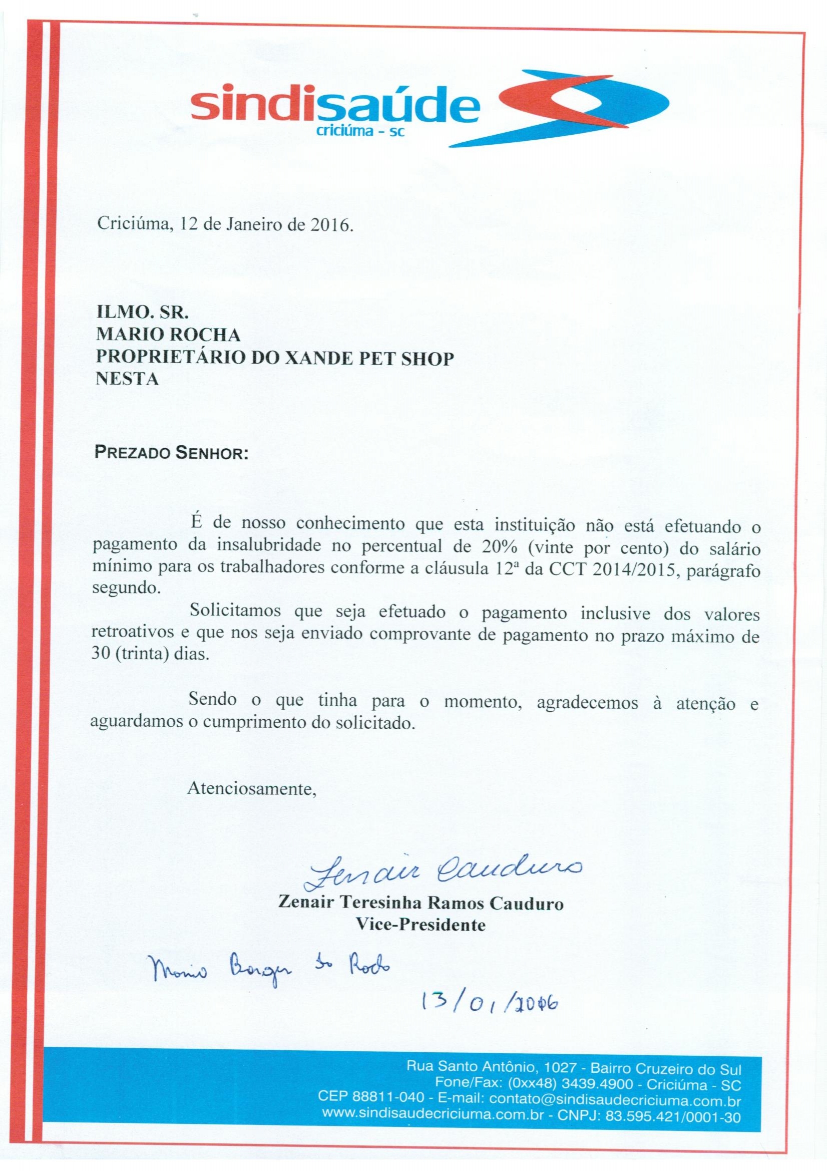 Ofícios encaminhados sobre pagamento de insalubridade