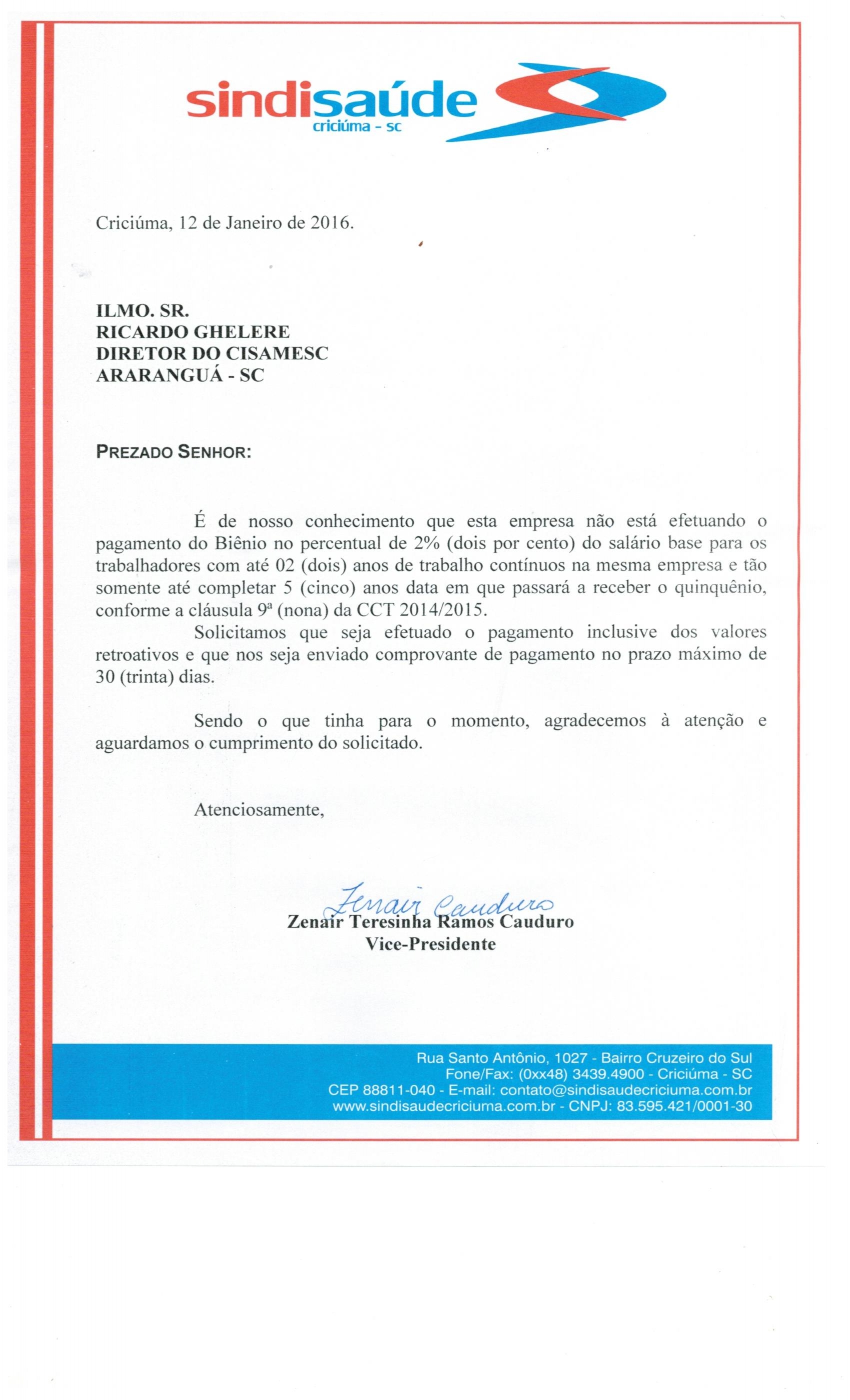 Ofício encaminhado ao CISAMESC sobre o pagamento do biênio