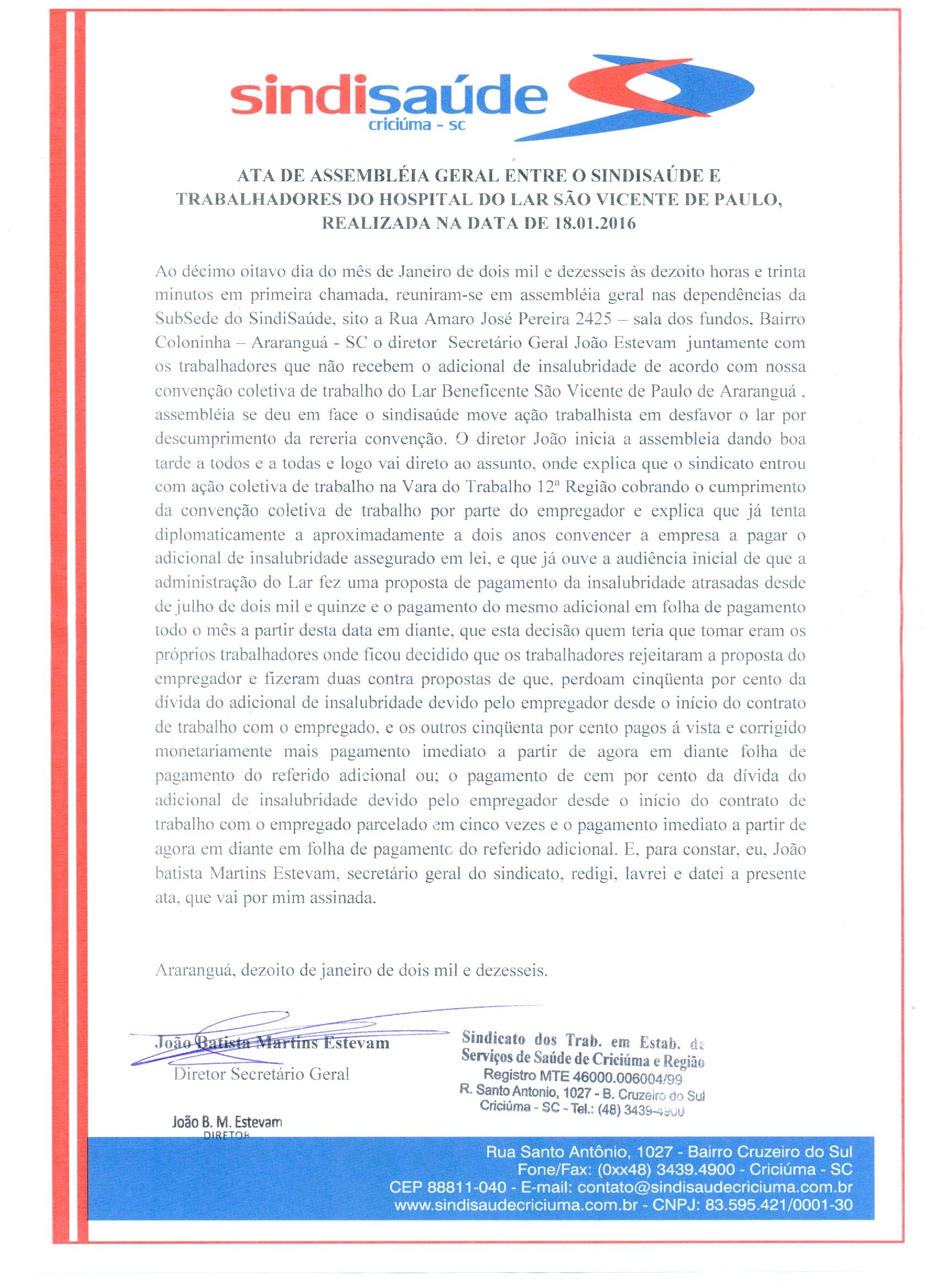 Assembleia com os Trabalhares do Lar São Vicente de Paula de Ararangua