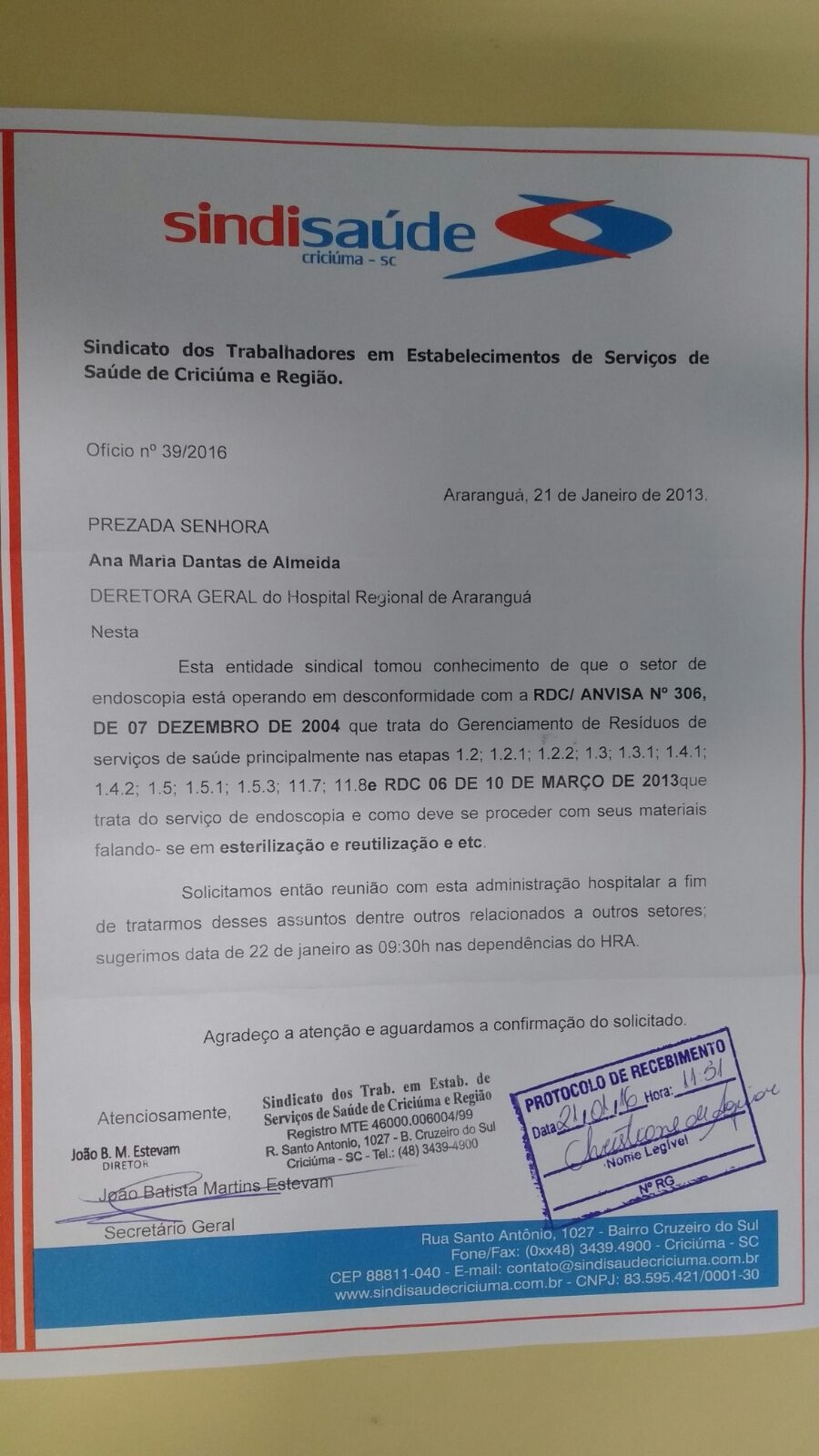 Oficio Hospital Regional de Ararangua - Pedido de Reunião