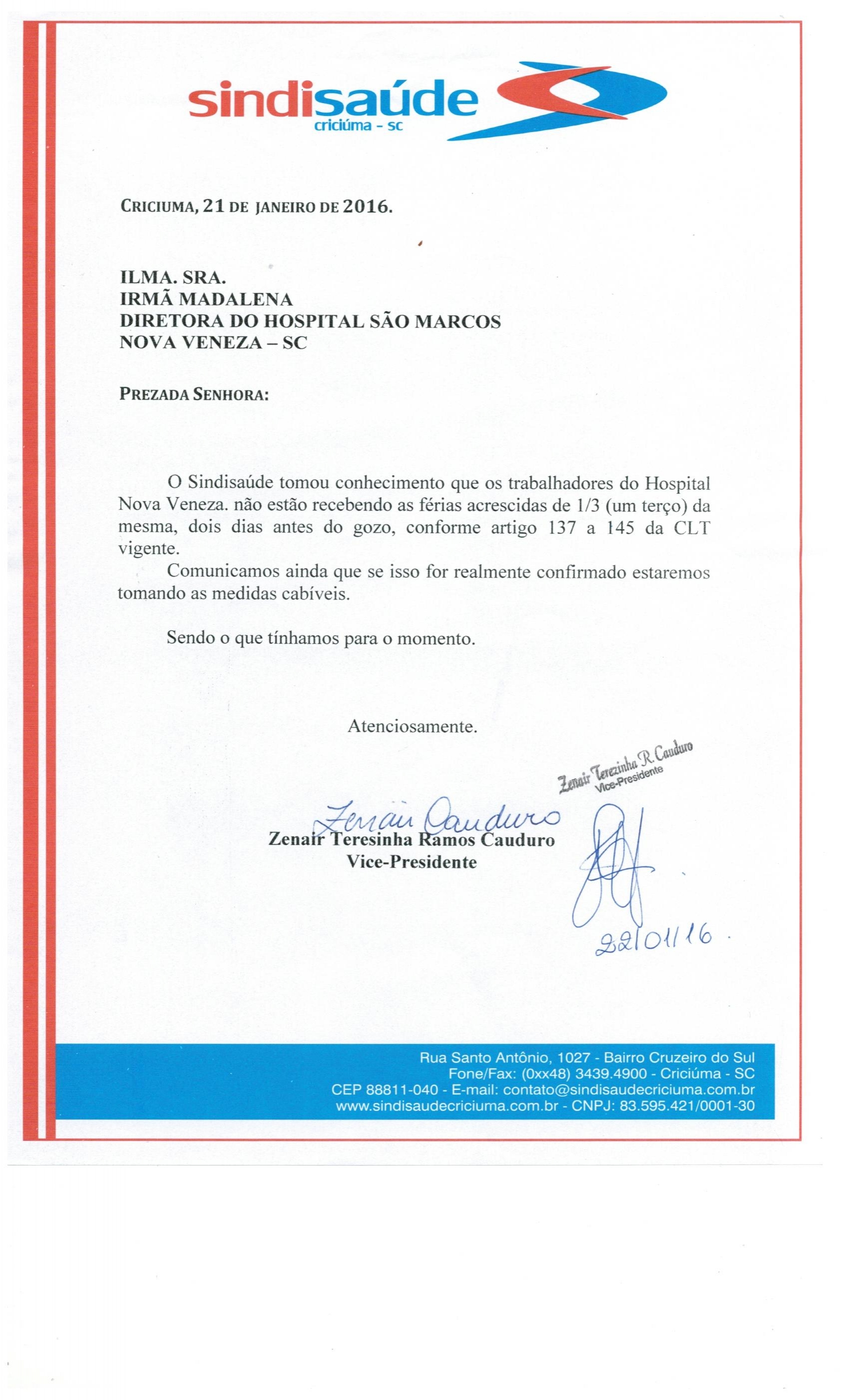 Oficio Hospital Nova Veneza sobre o pagamento das Ferias.