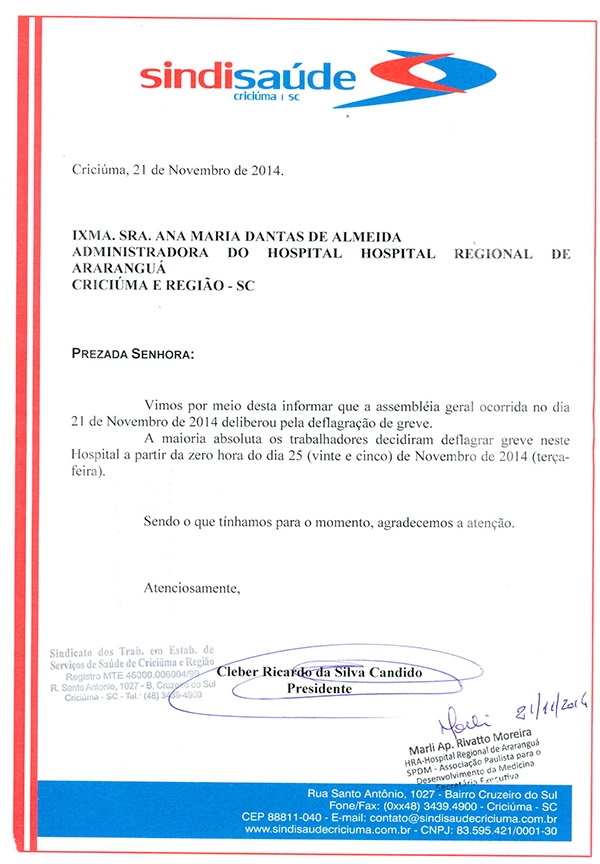 Ofício Greve H. Regional de Araranguá