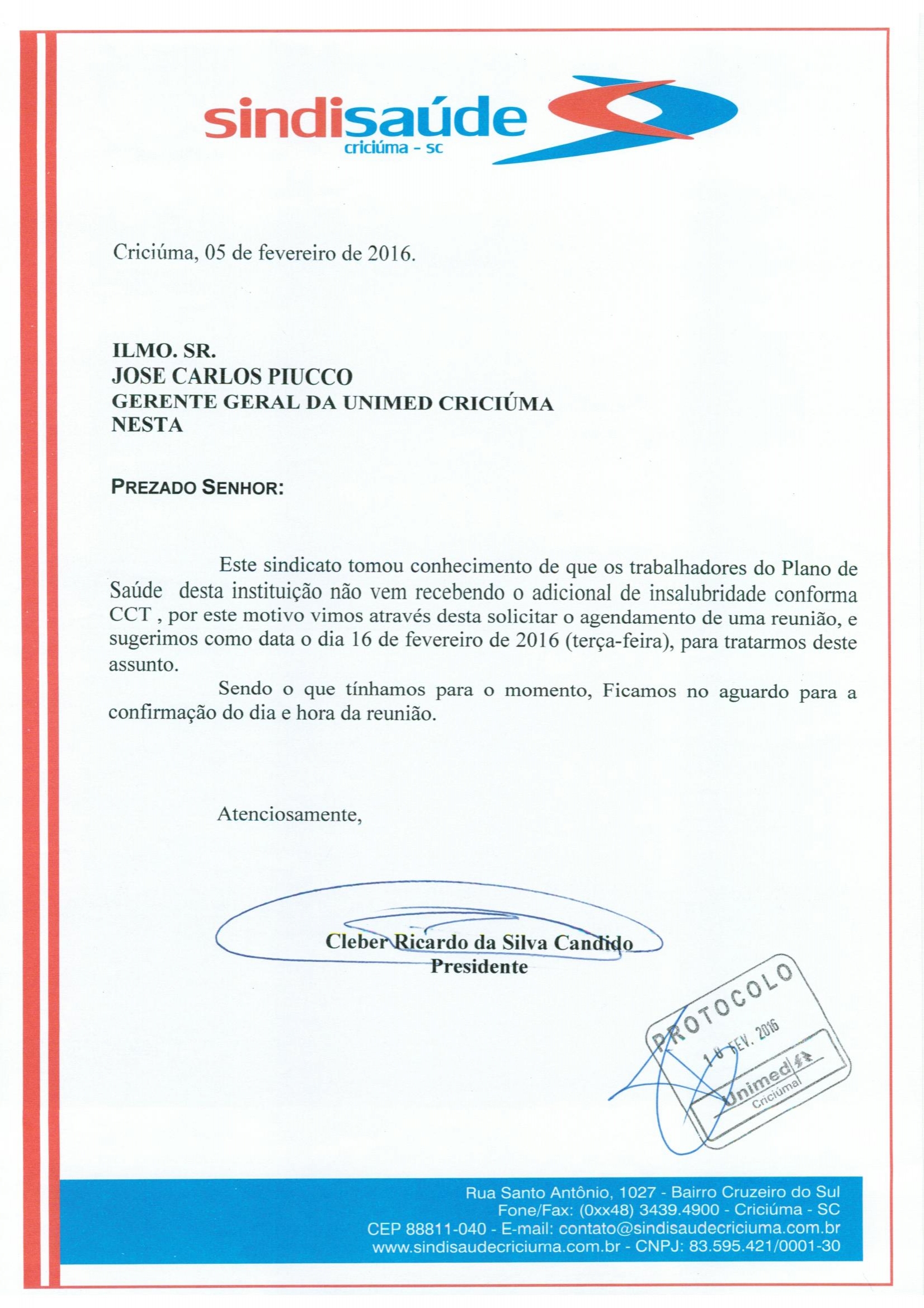 Ofício sobre o pagamento de insalubridade do Plano de Saúde Unimed