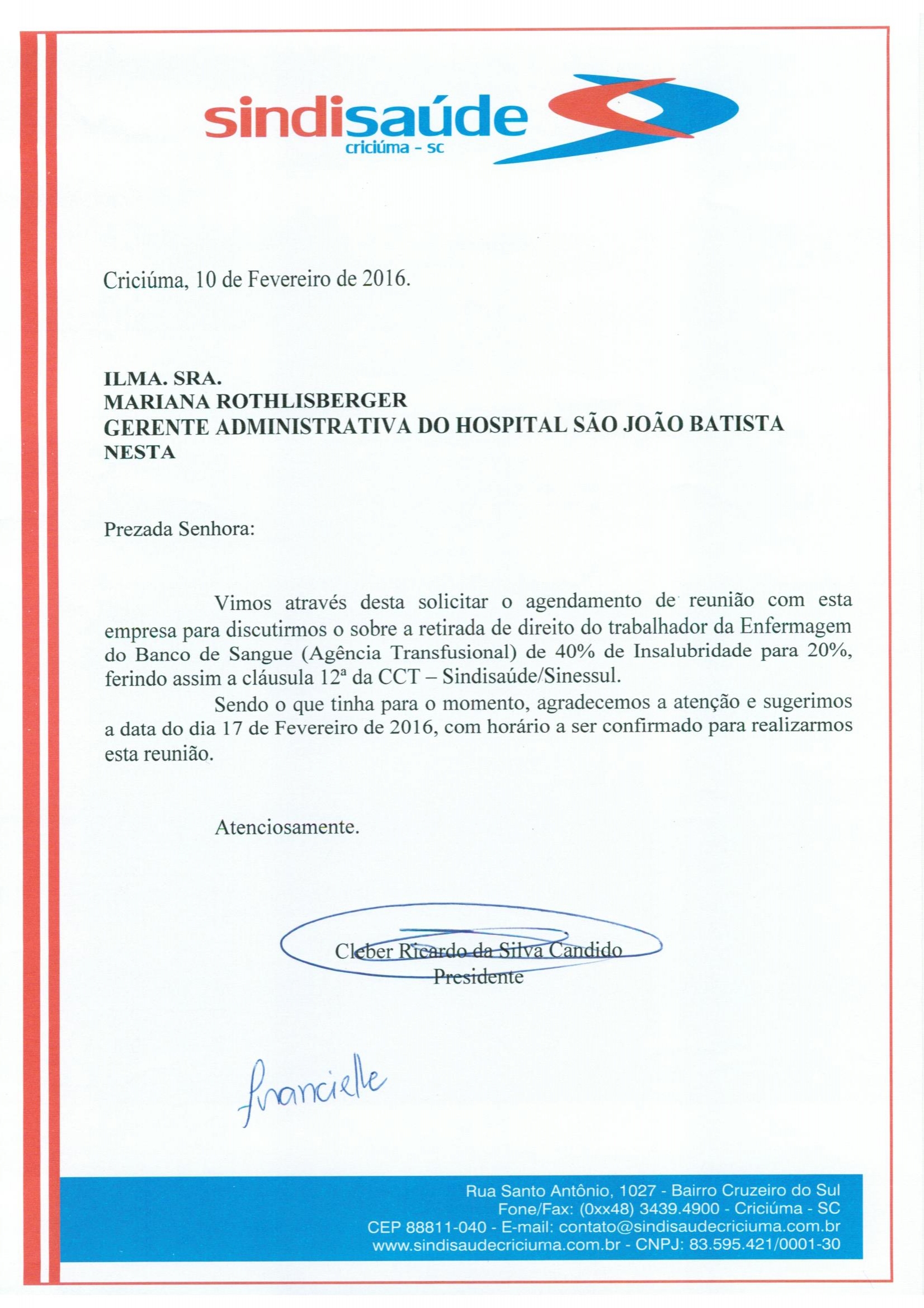 Ofício insalubridade 40% Banco de Sangue HSJB