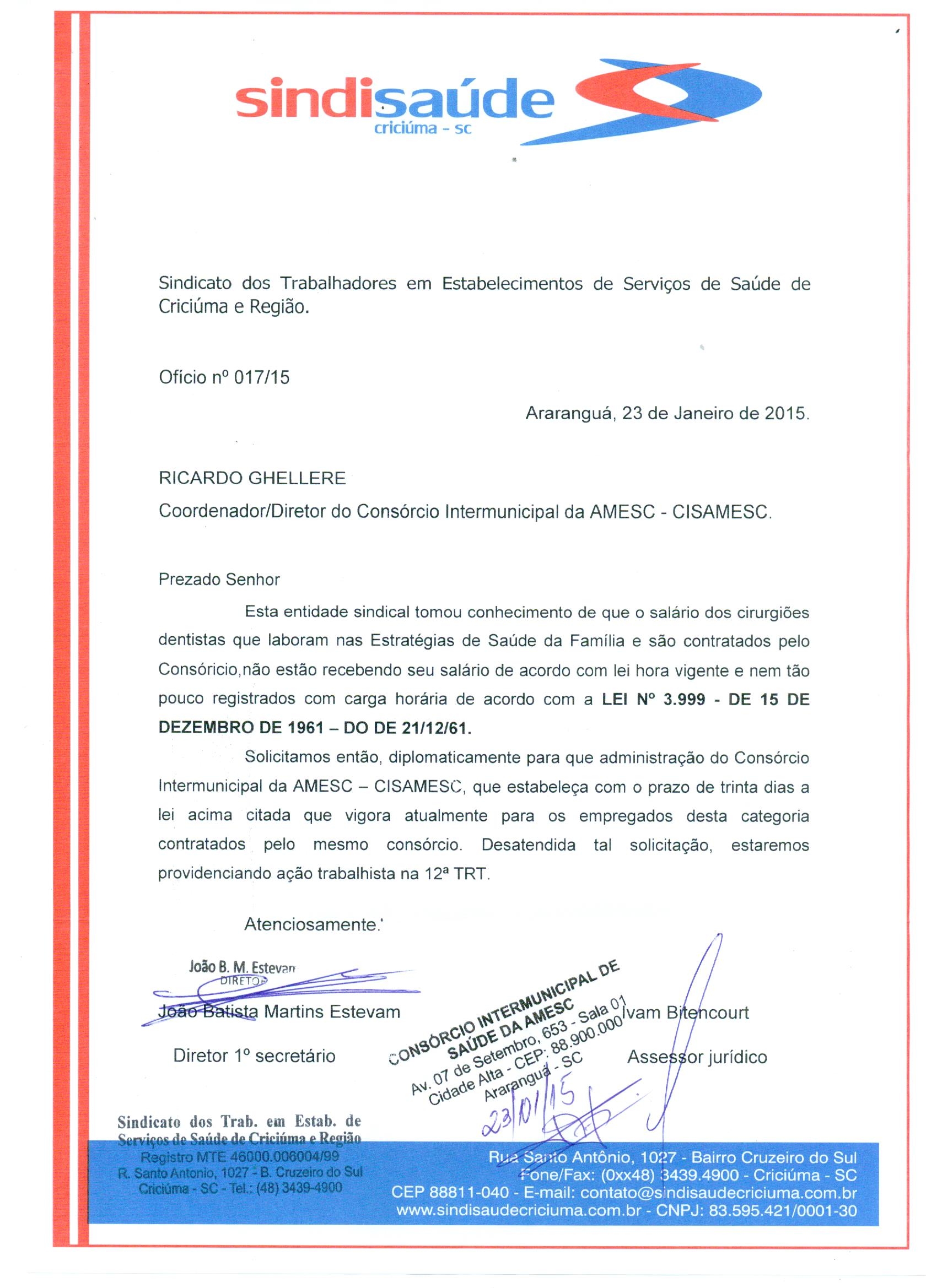 Ofício Cisamesc sobre salário dos dentistas