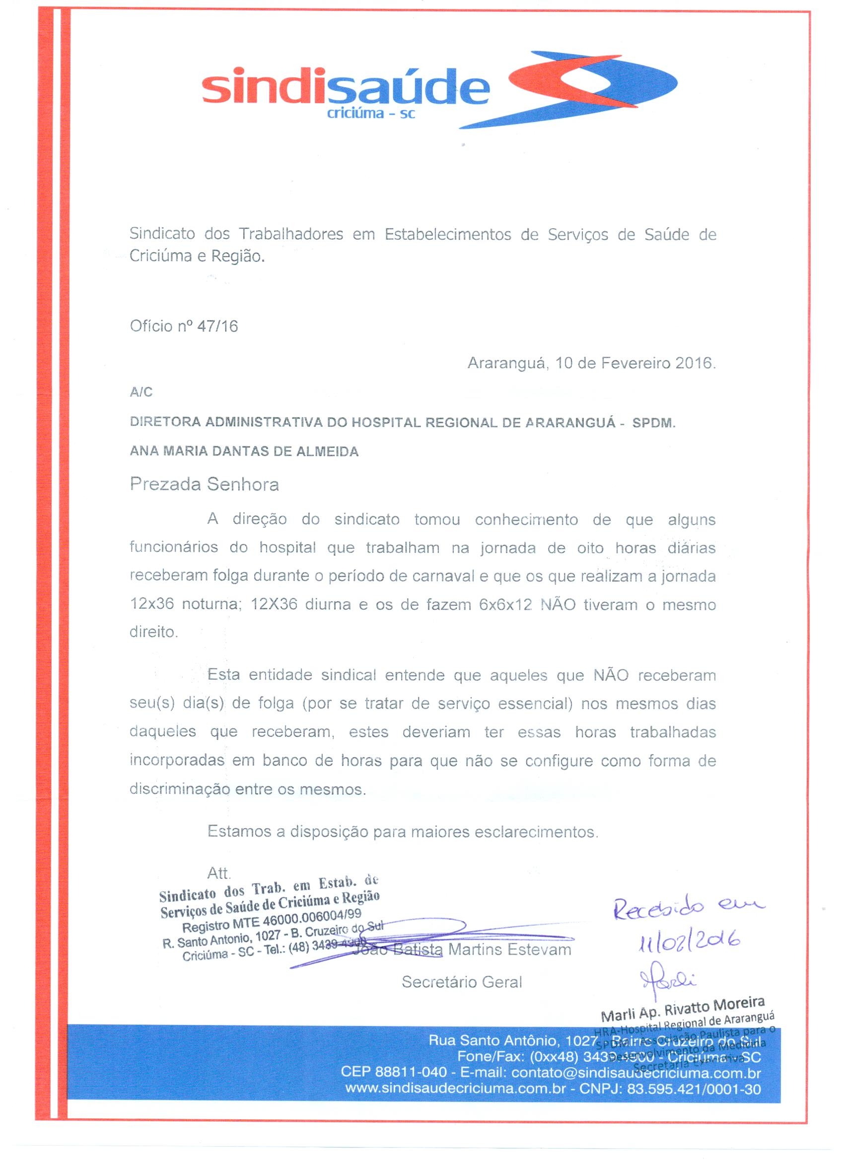 Ofício encaminhado a SPDM - HRA sobrefolga carnaval