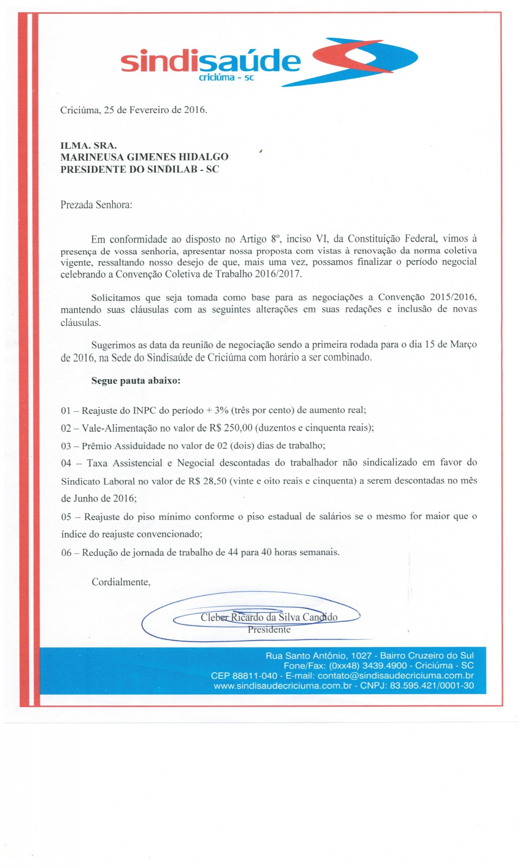 Ofício com a pauta de reivindicação encaminhado ao SINDILAB 