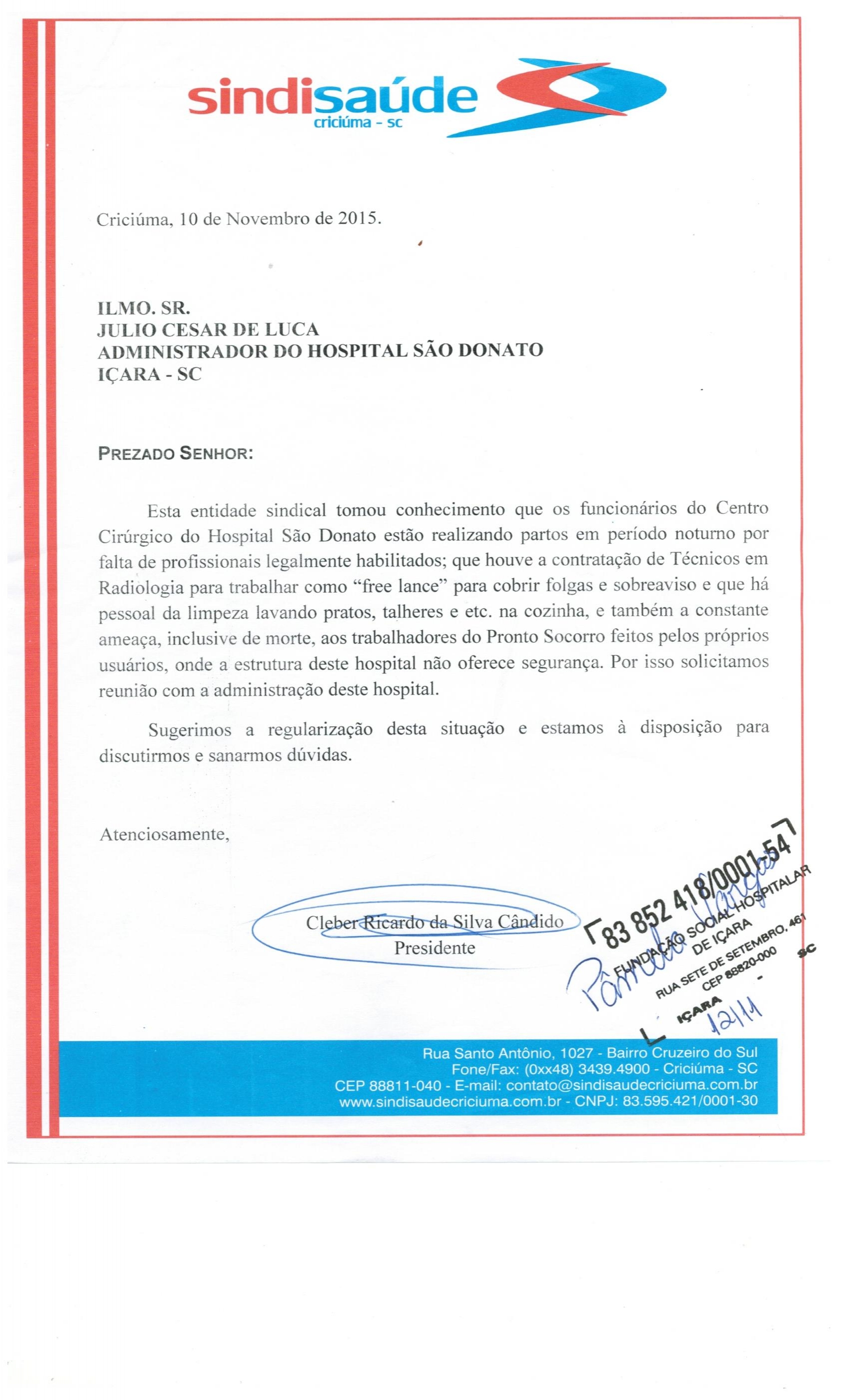 Ofício encaminhado ao Hospital São Donato de Içara 