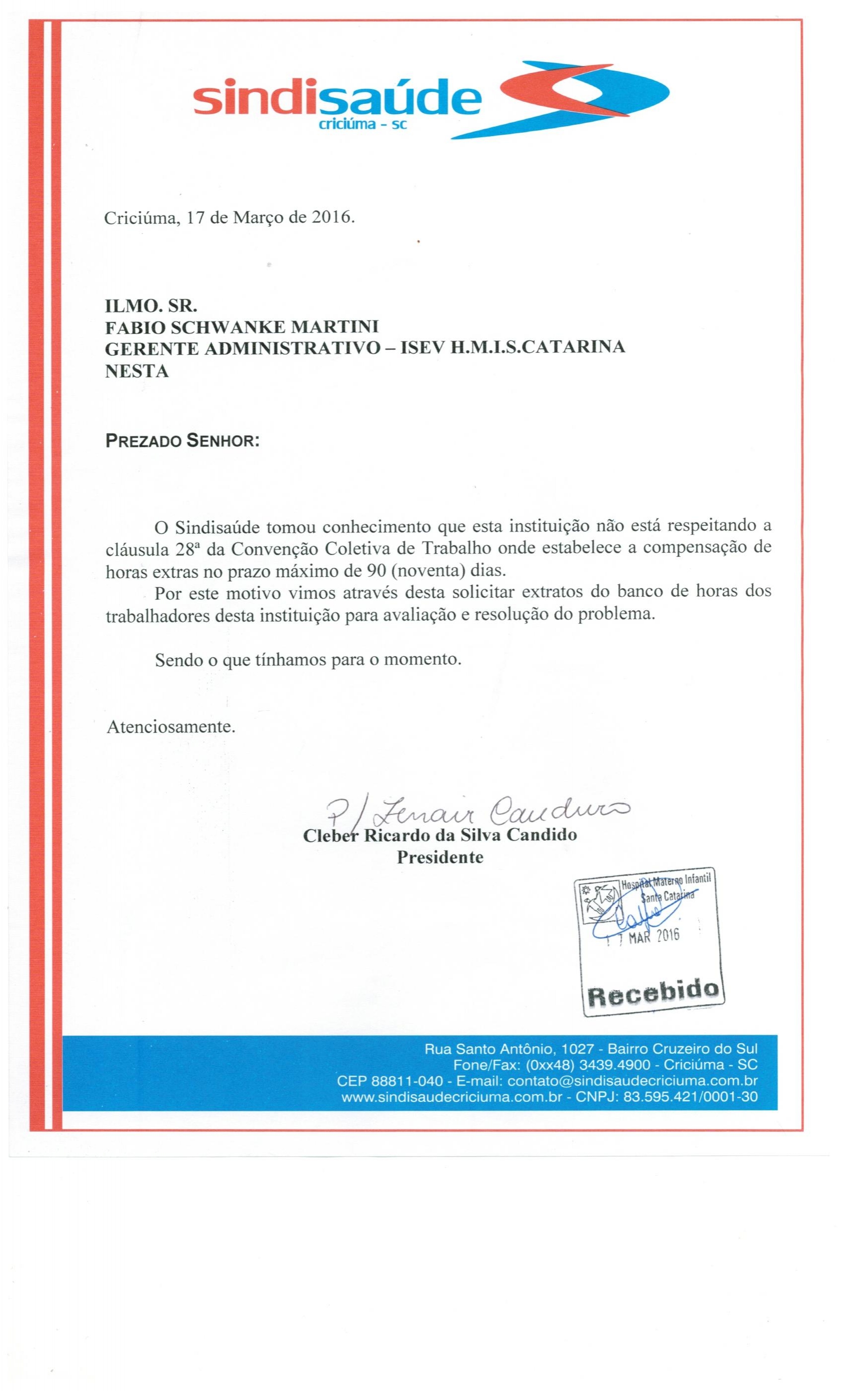 Ofício encaminhado ao ISEV - HMISC sobre compensação de horas extras