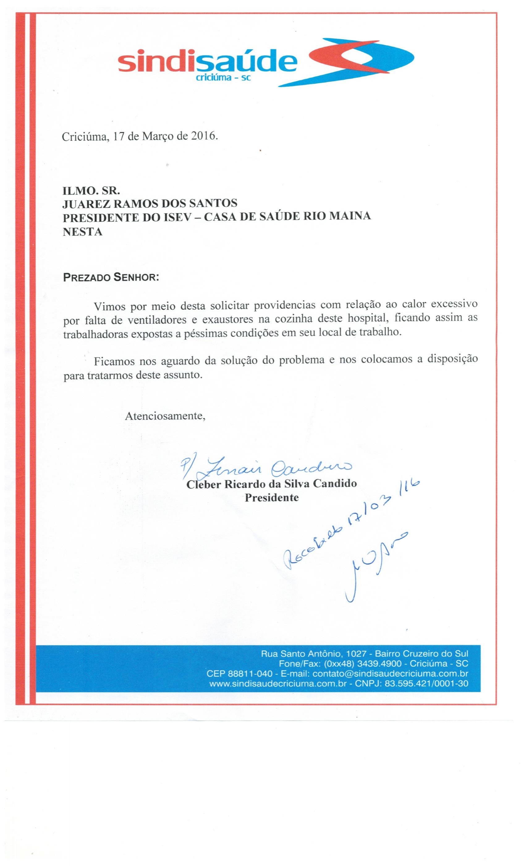 Ofício encaminhado ao ISEV - CSRM sobre falta de ventiladores cozinha