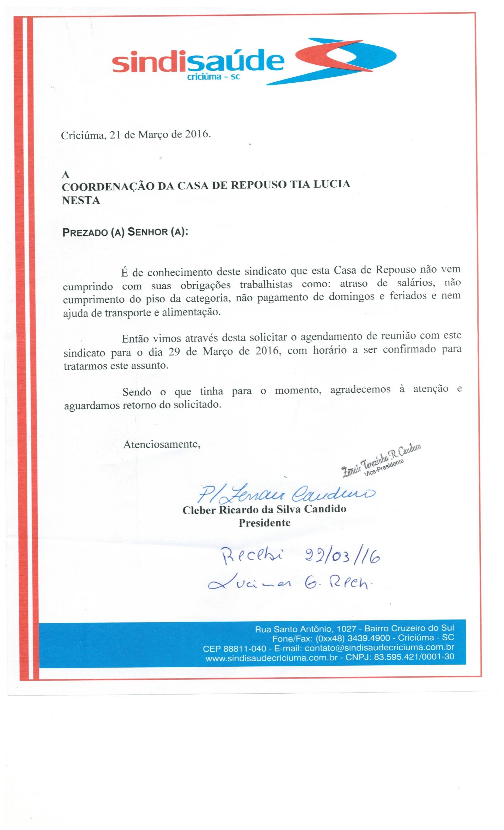 Ofício encaminhado a Casa de Repouso Tia Lucia de Içara