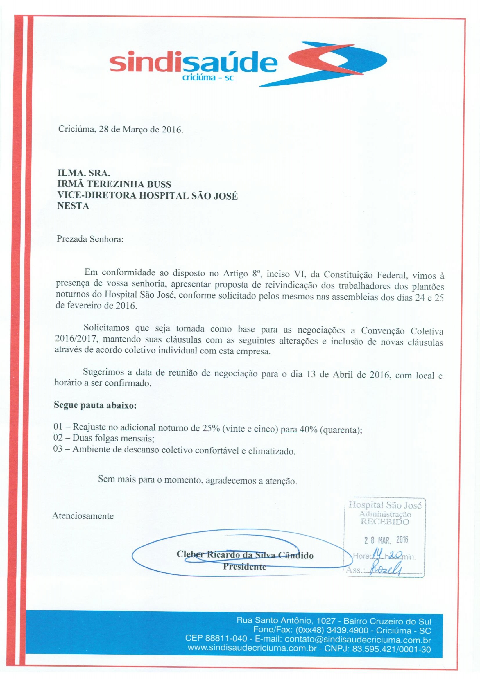 Proposta de reivindicação dos trabalhadores dos plantões noturnos encaminhada ao HSJ