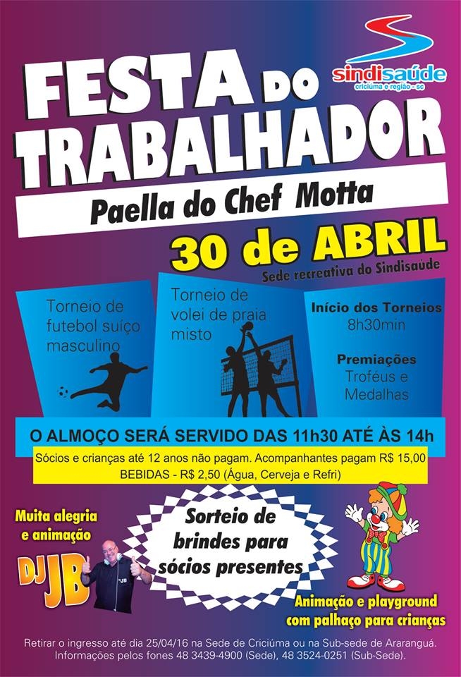 Sindisaúde promove a Festa do Trabalhador dia 30