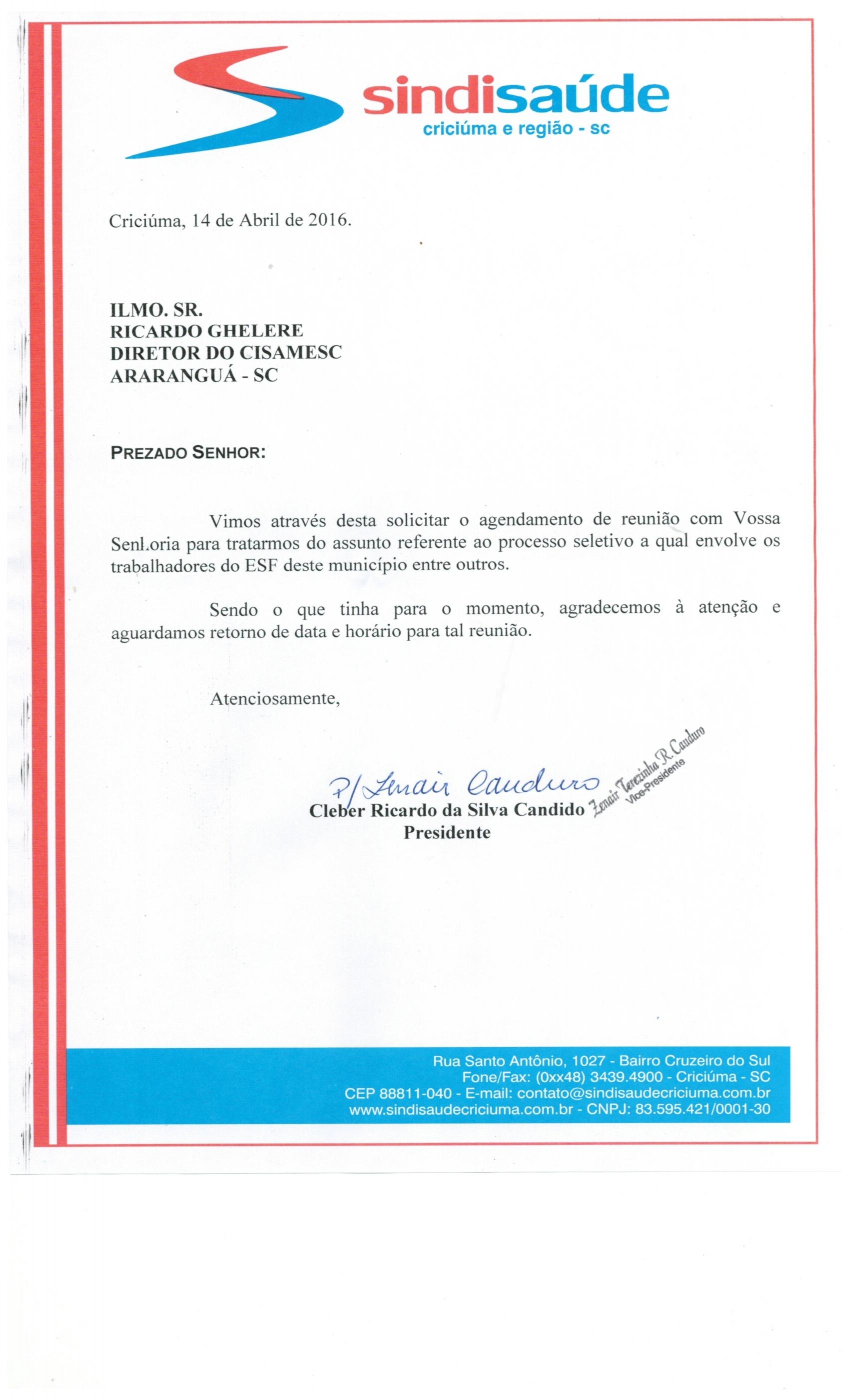 Ofício encaminhado a Cisamesc de Araranguá