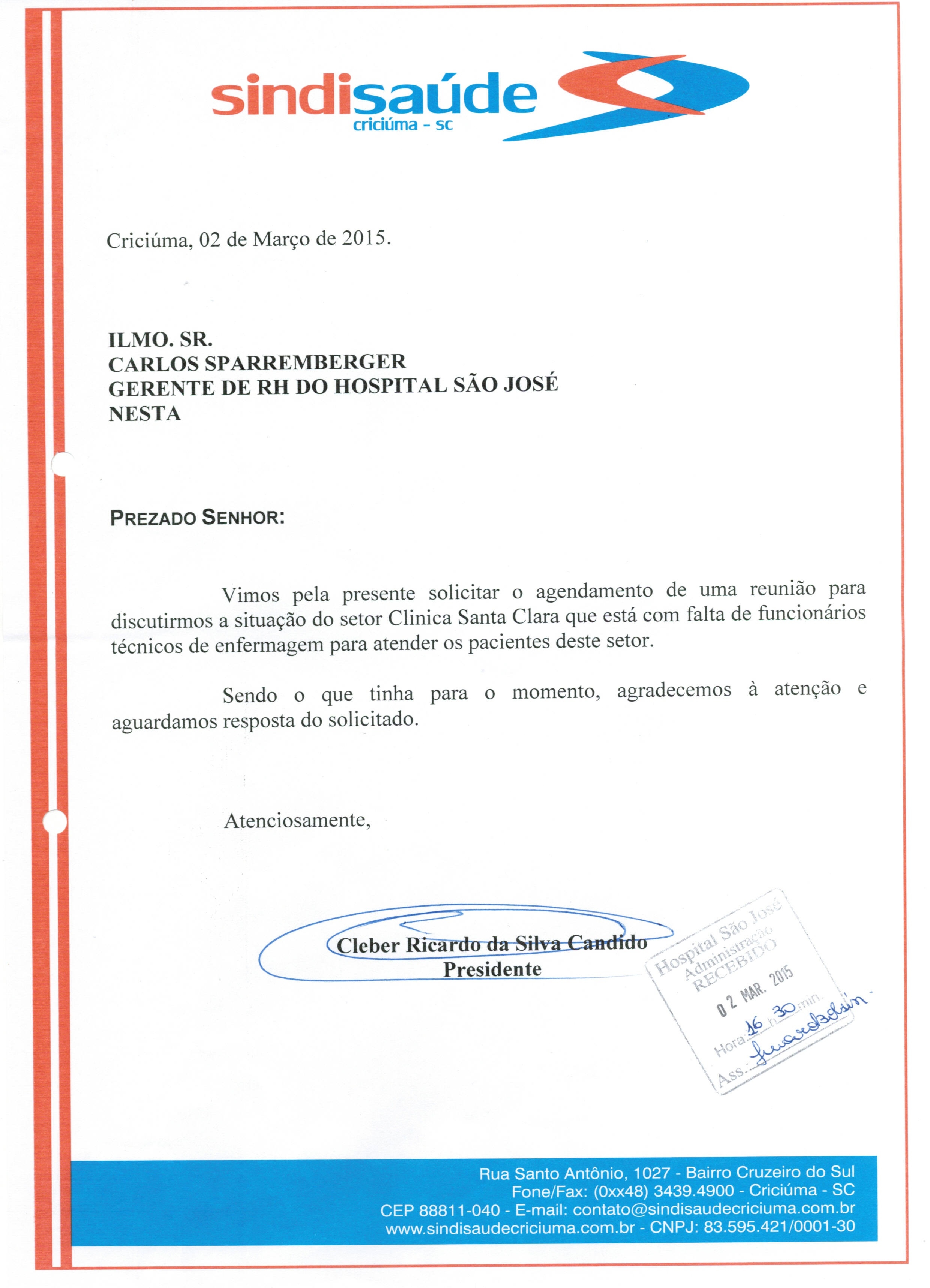 Ofício sobre o setor Clínica Santa Clara HSJ