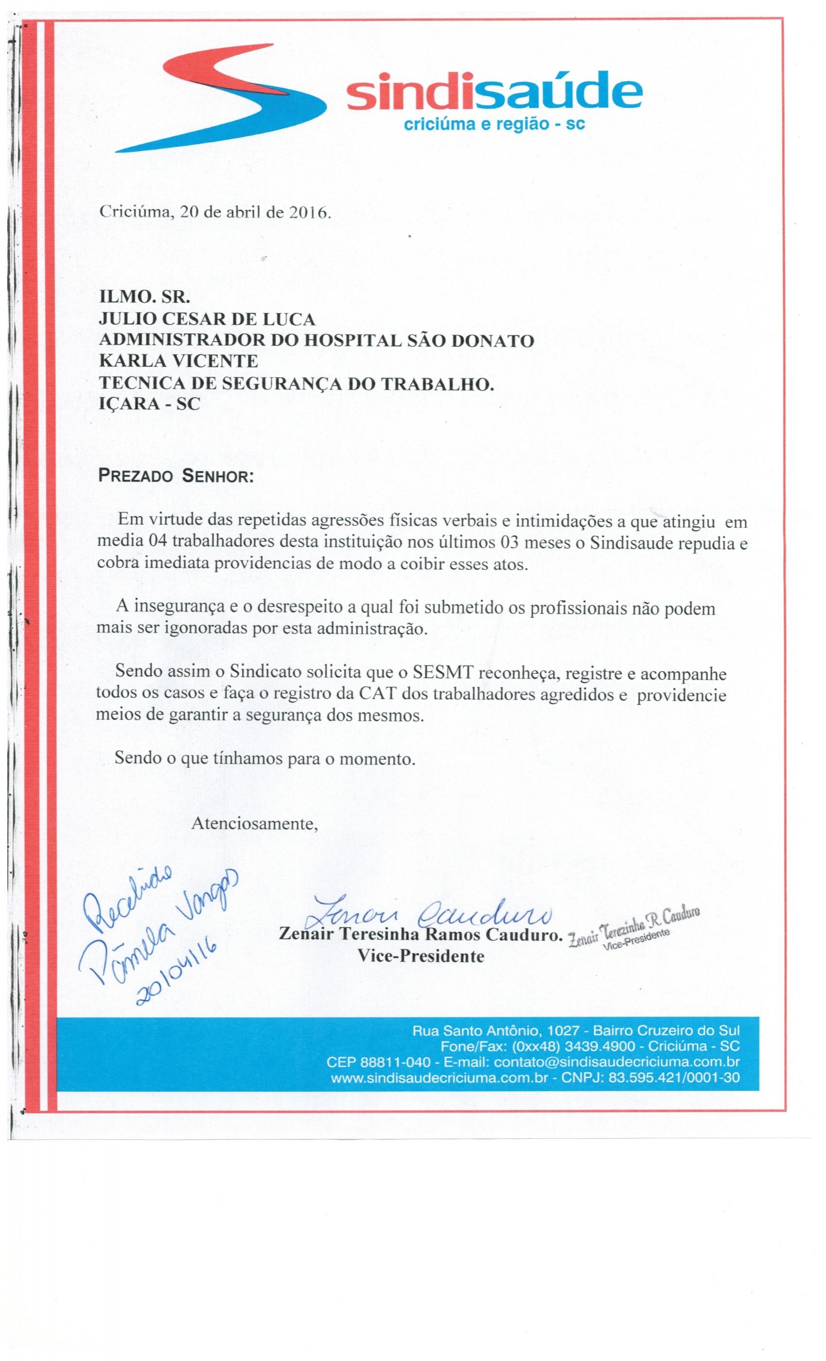 Ofício agressões aos funcionários Hospital São Donato de Içara