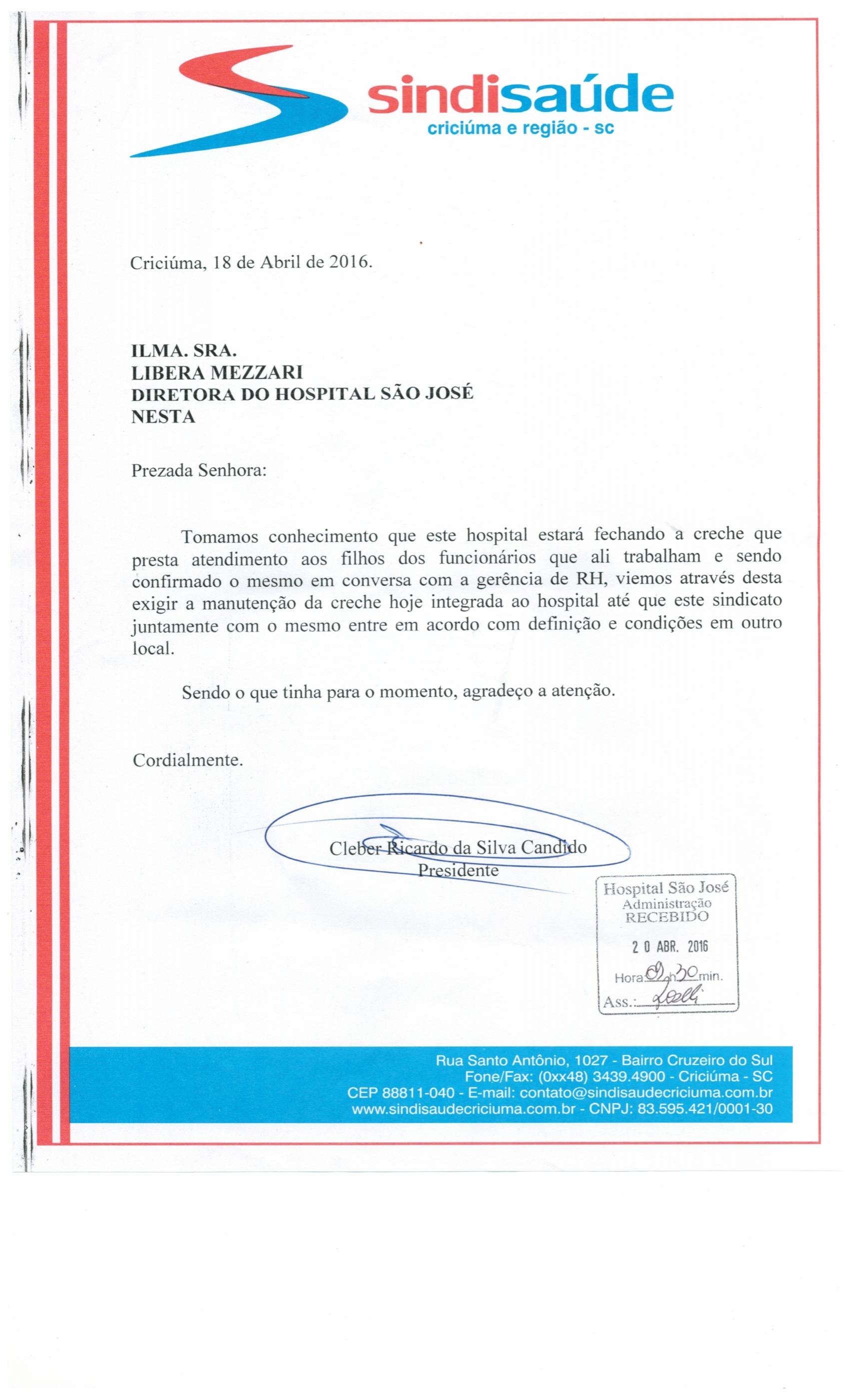 Ofício encaminhado ao Hospital São José sobre creche