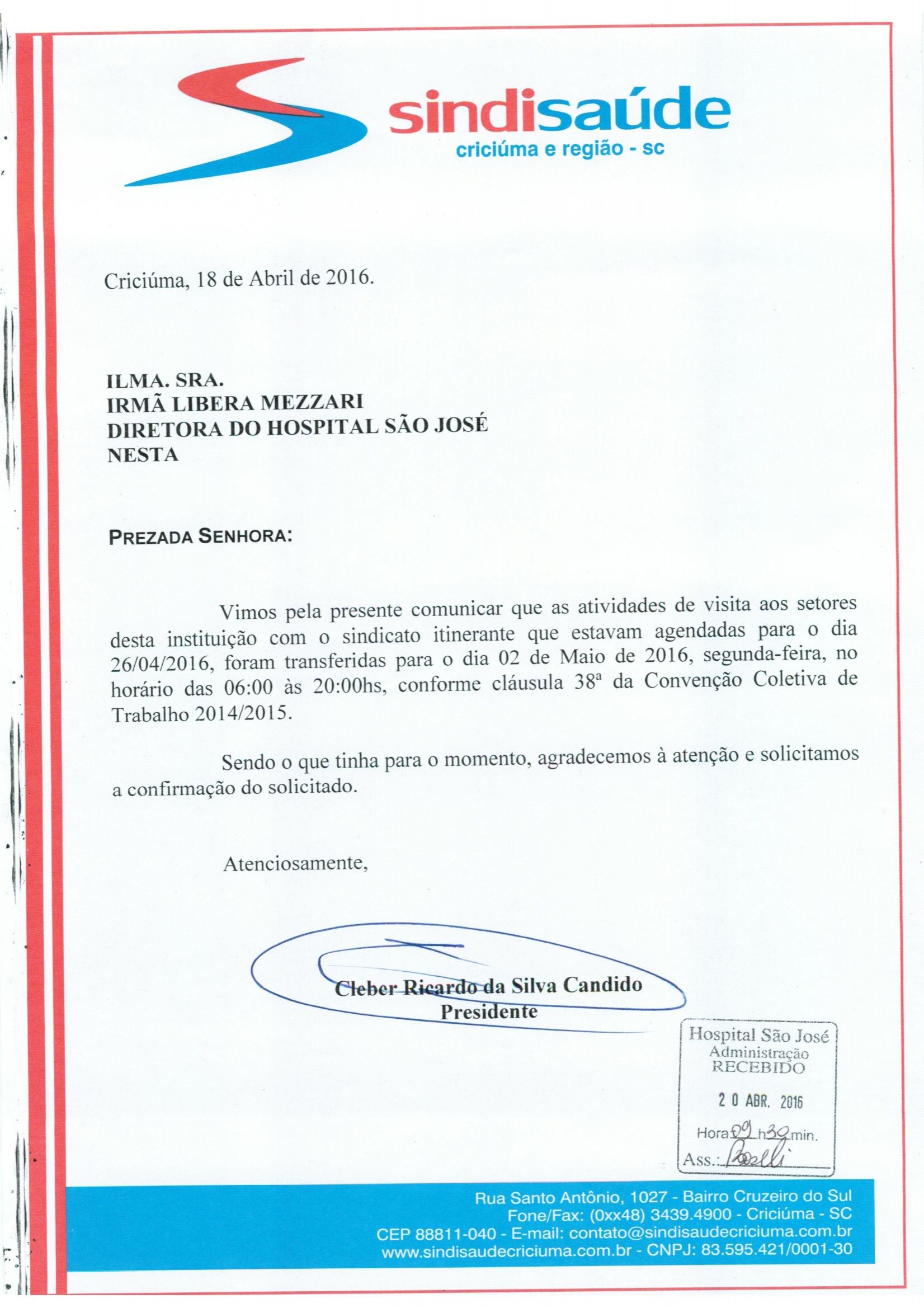 Ofícios encaminhados aos hospitais sobre Sindicato Itinerante mês de Maio/2016