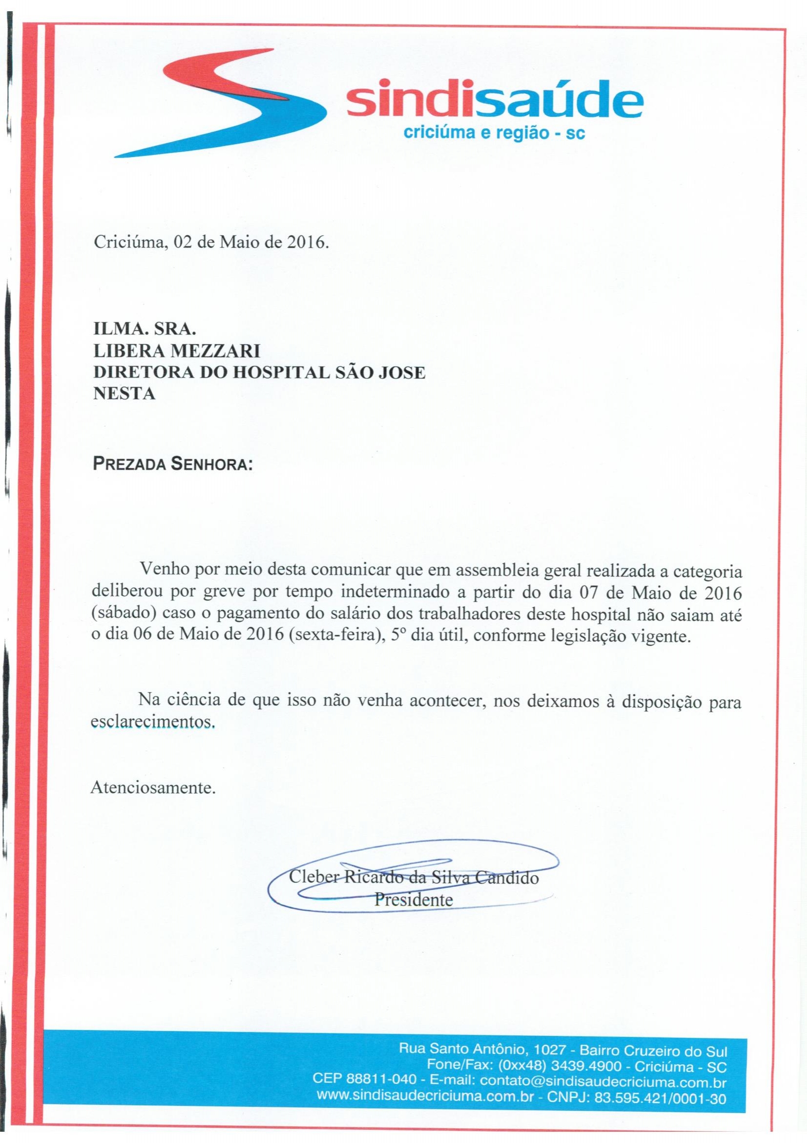 OFÍCIO ATRASO PAGAMENTO DE SALÁRIO HOSPITAL SÃO JOSÉ