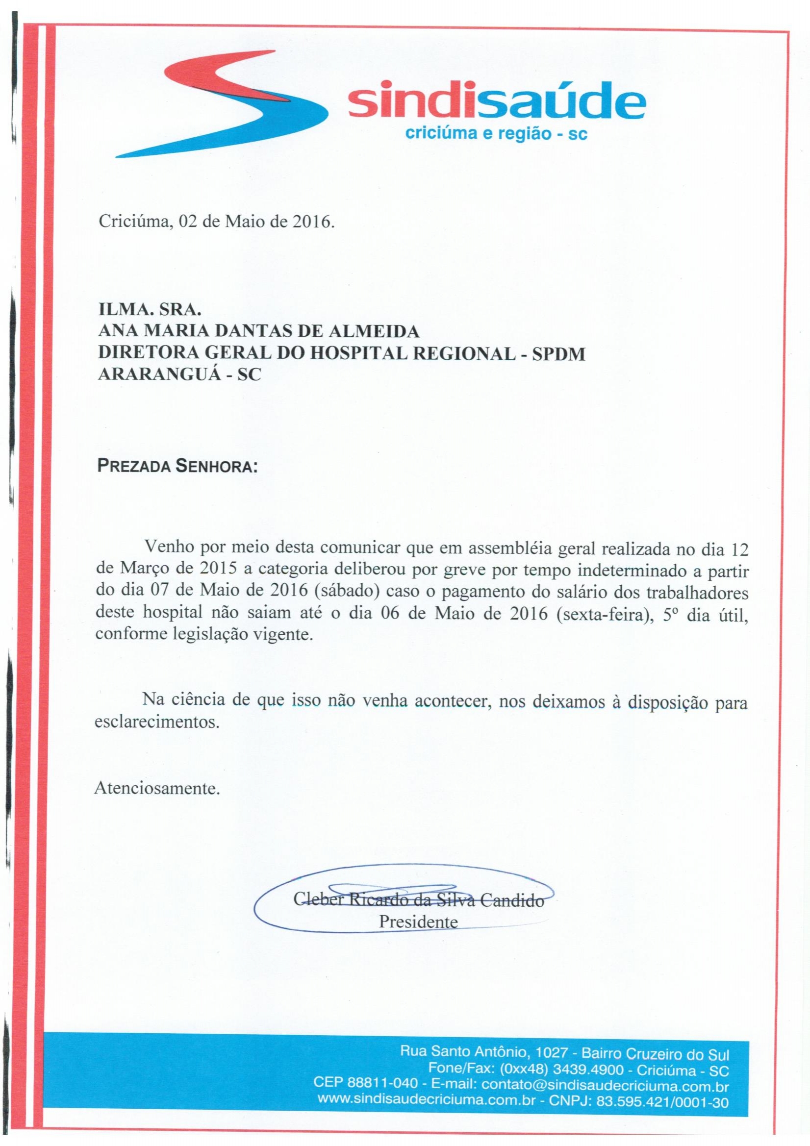 OFÍCIO ATRASO PAGAMENTO DE SALÁRIO SPDM/H.R.ARARANGUÁ