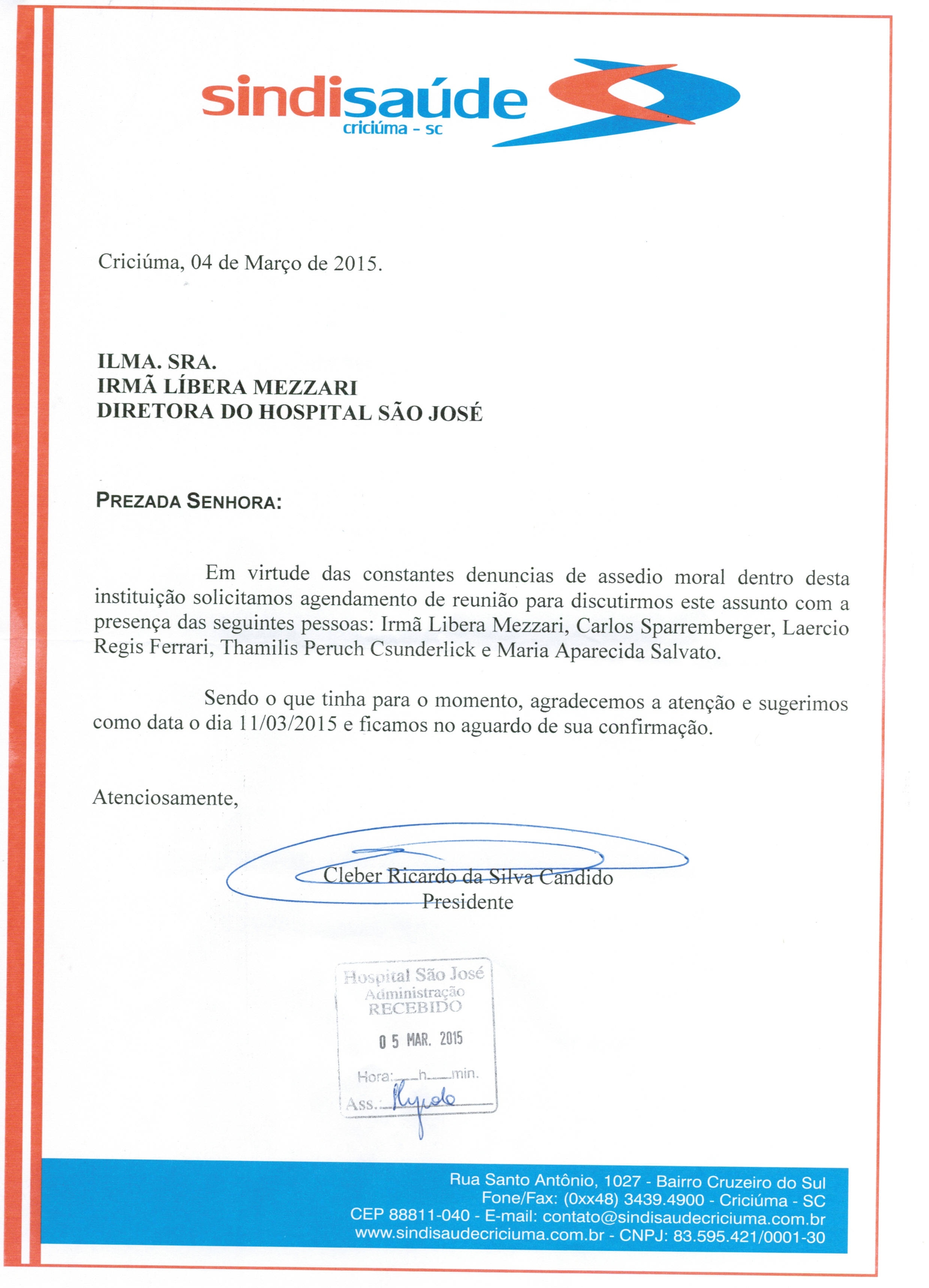 Ofício sobre assédio moral no HSJ