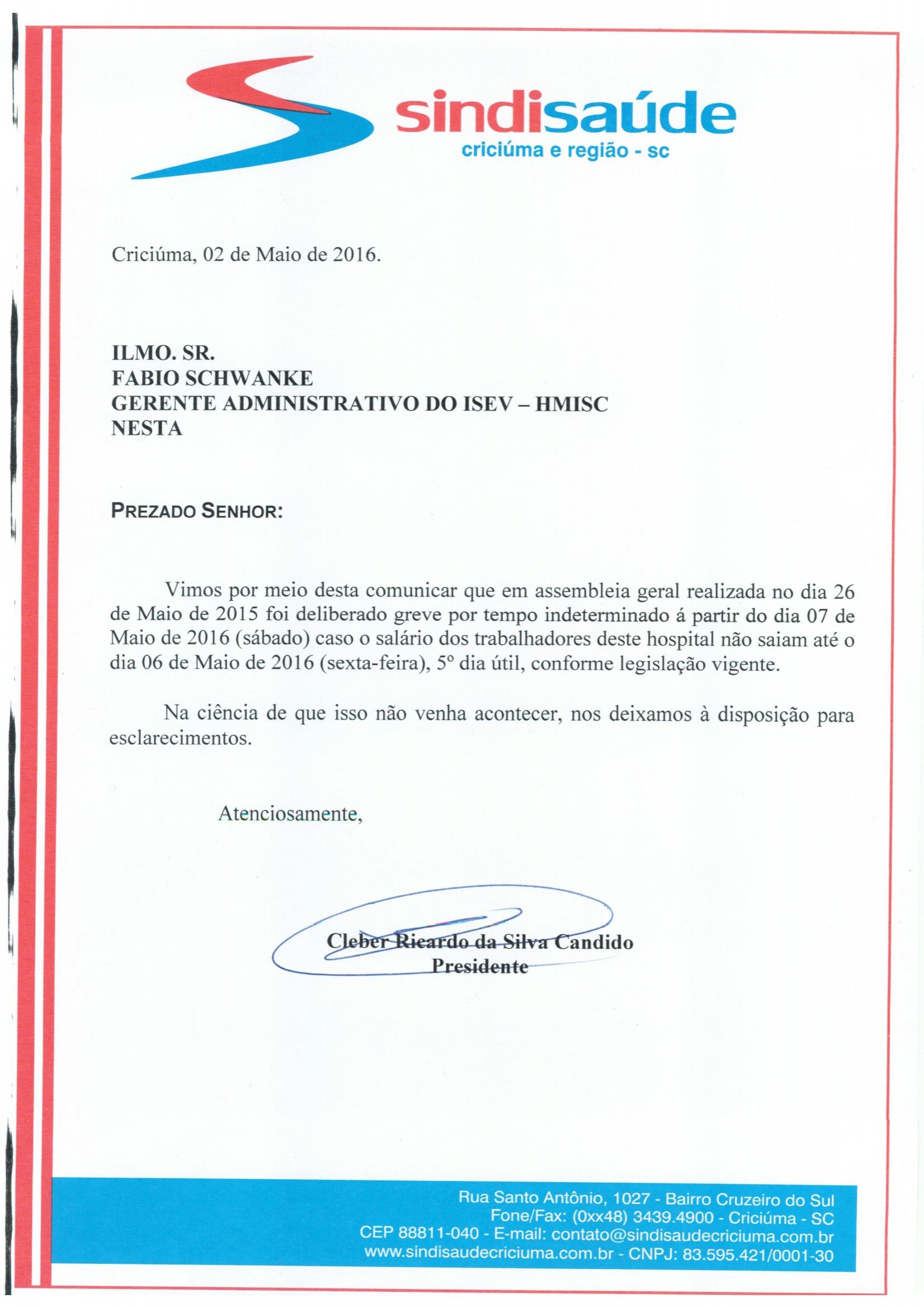 OFÍCIO ATRASO PAGAMENTO DE SALÁRIO ISEV/HMISCATARINA