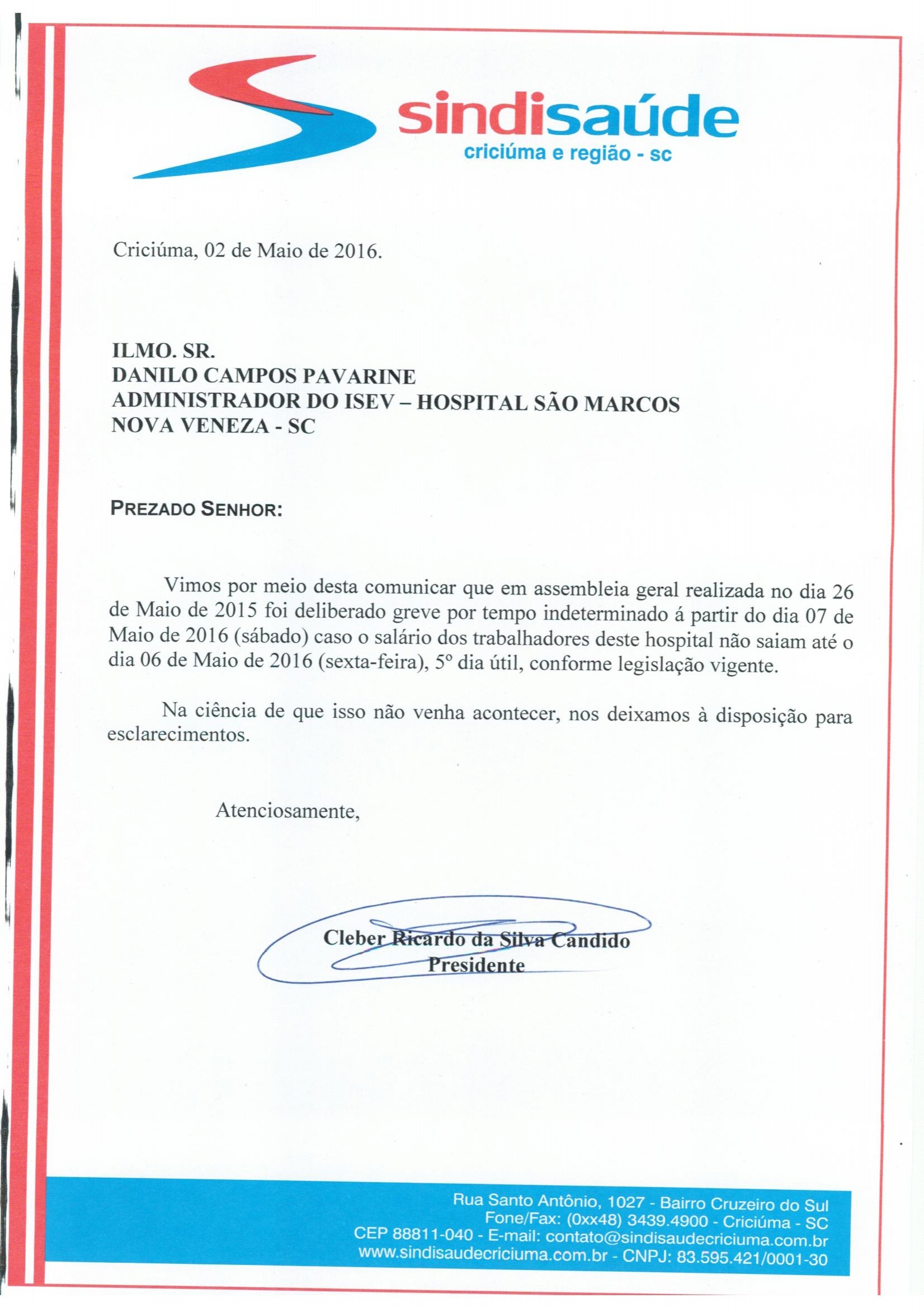 OFÍCIO ATRASO PAGAMENTO DE SALÁRIO ISEV/H.S.MARCOS