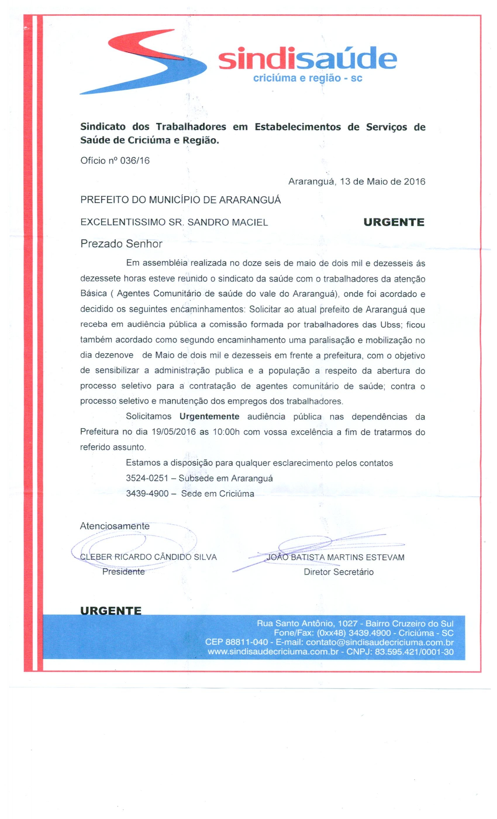 OFÍCIO PEDIDO DE AUDIÊNCIA PÚBLICA ARARANGUÁ
