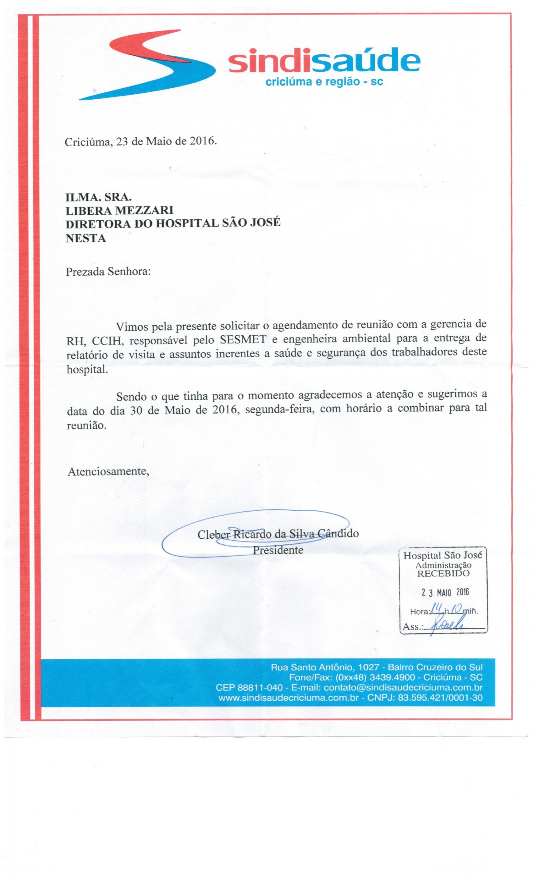 Ofício agendamento de reunião encaminhado ao Hospital São José