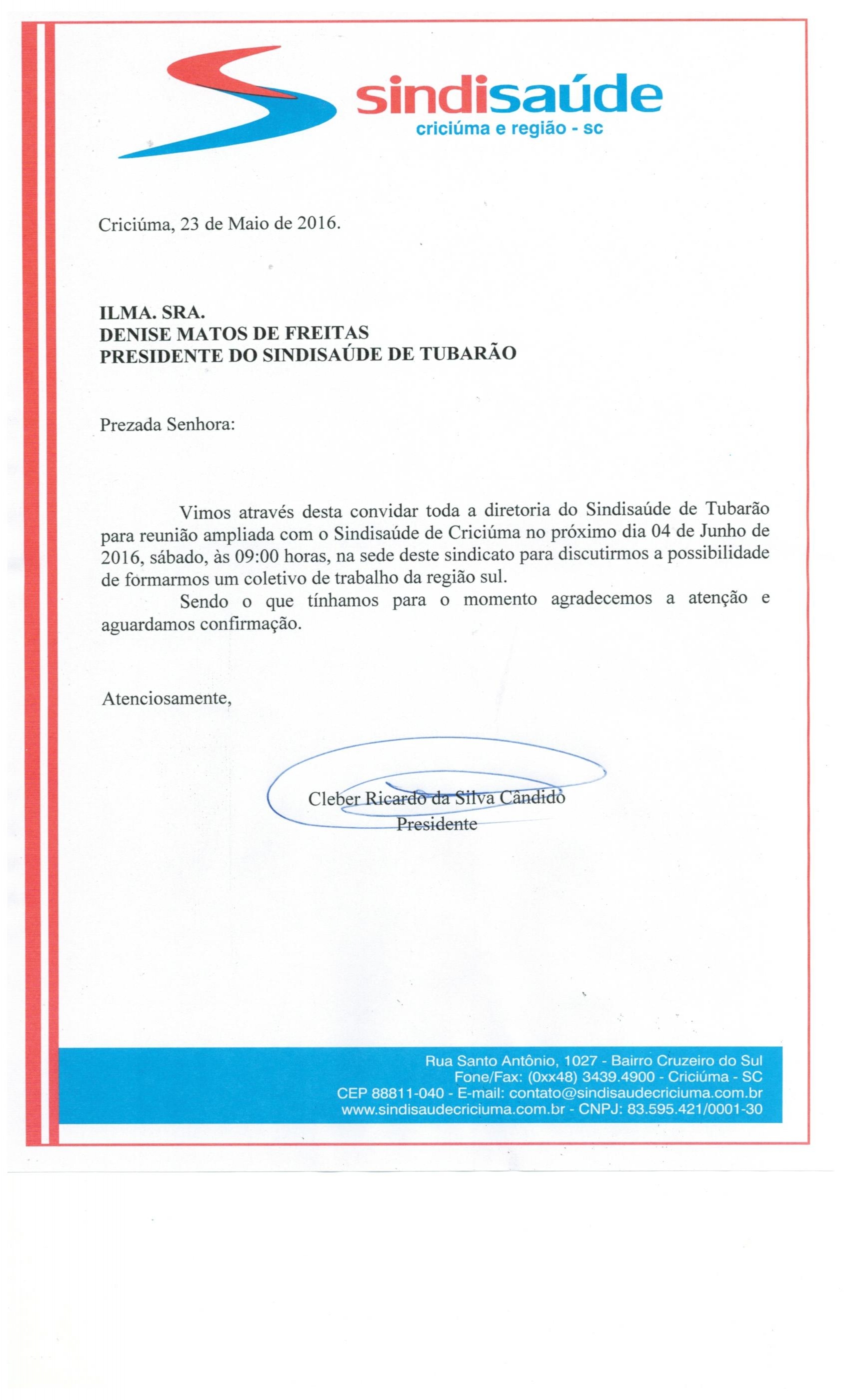 OFÍCIO SOLICITAÇÃO DE REUNIÃO SINDISAÚDE DE TUBARÃO