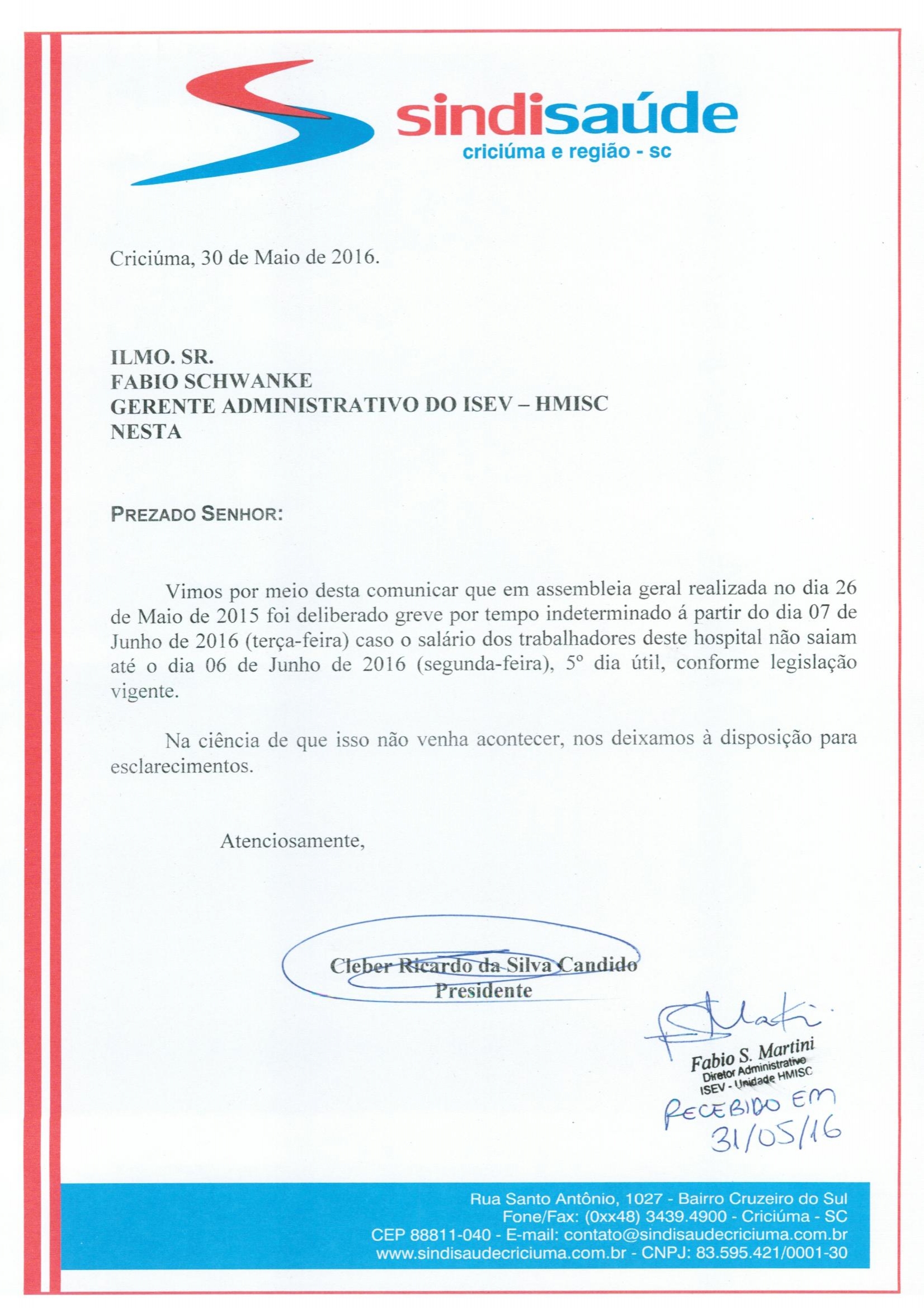 OFÍCIO ATRASO PAGAMENTO DE SALÁRIO ISEV/HMISCATARINA