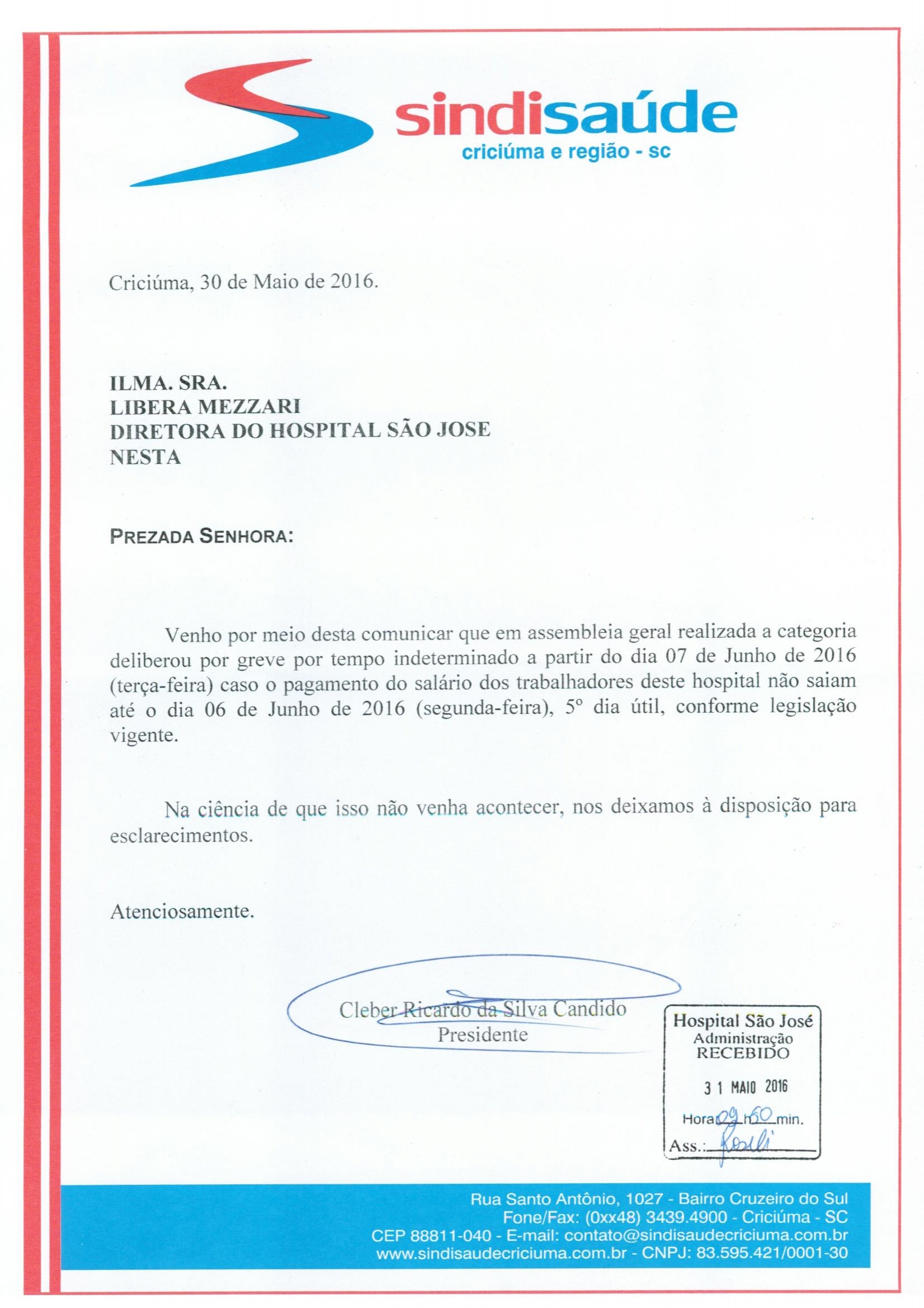 OFÍCIO ATRASO PAGAMENTO DE SALÁRIO HOSPITAL SÃO JOSÉ
