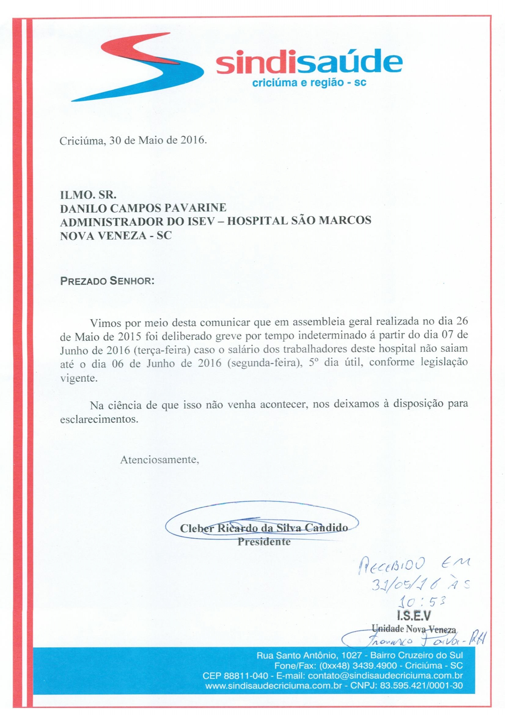 OFÍCIO ATRASO PAGAMENTO DE SALÁRIO ISEV/H.S.MARCOS