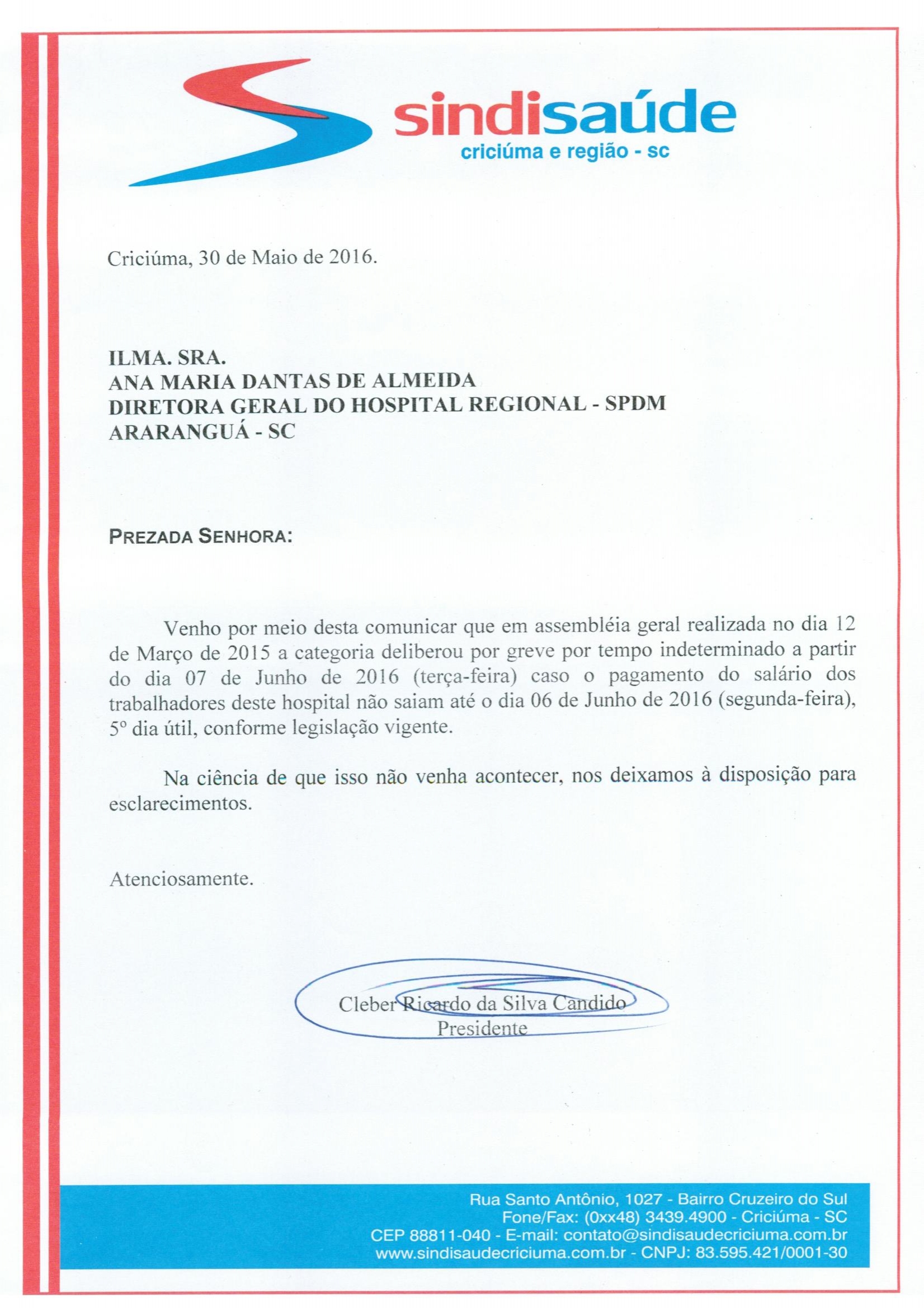 OFÍCIO ATRASO PAGAMENTO DE SALÁRIO SPDM/H.R.ARARANGUÁ