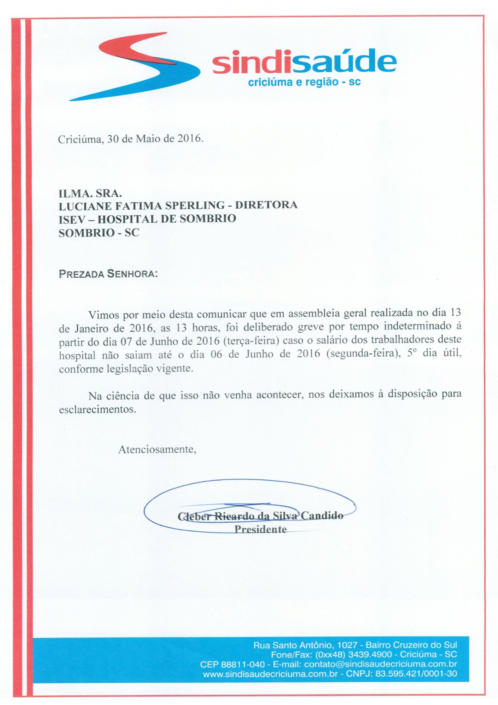 OFÍCIO ATRASO PAGAMENTO DE SALÁRIO ISEV/SOMBRIO