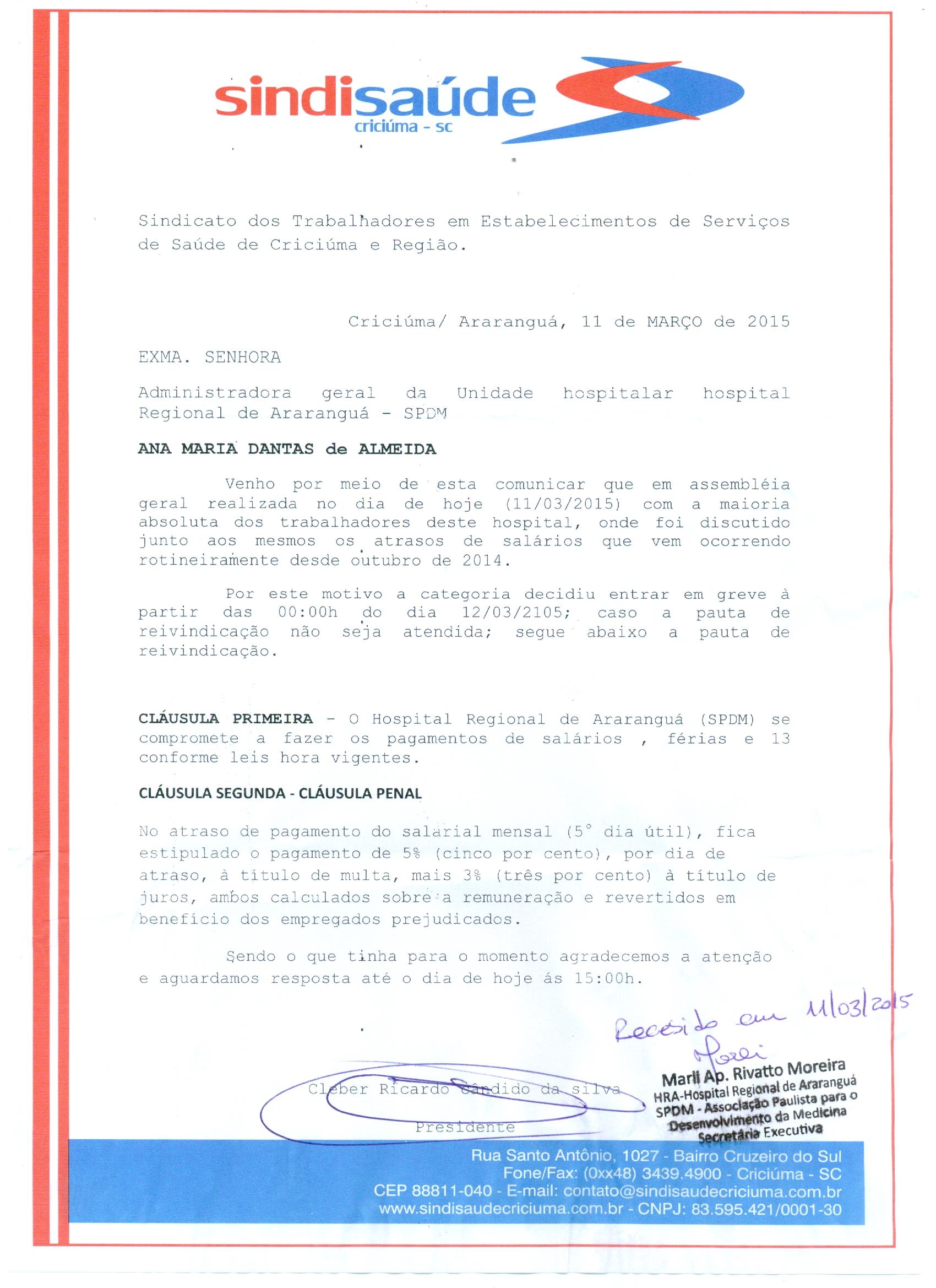 Ofício sobre atraso de salário HRA/SPDM