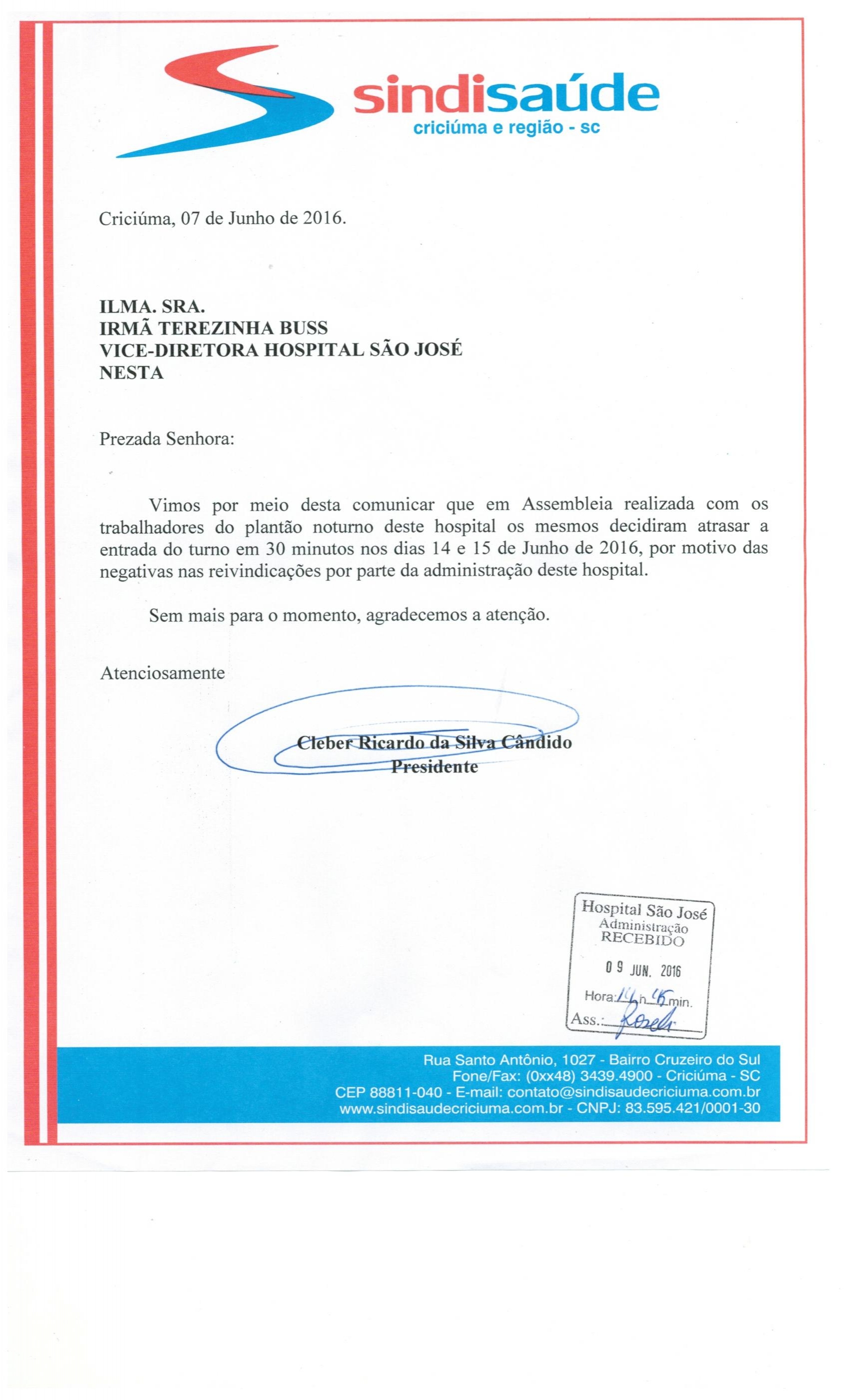 OFÍCIO ENCAMINHADO AO HOSPITAL SÃO JOSÉ SOBRE PLANTÃO NOTURNO